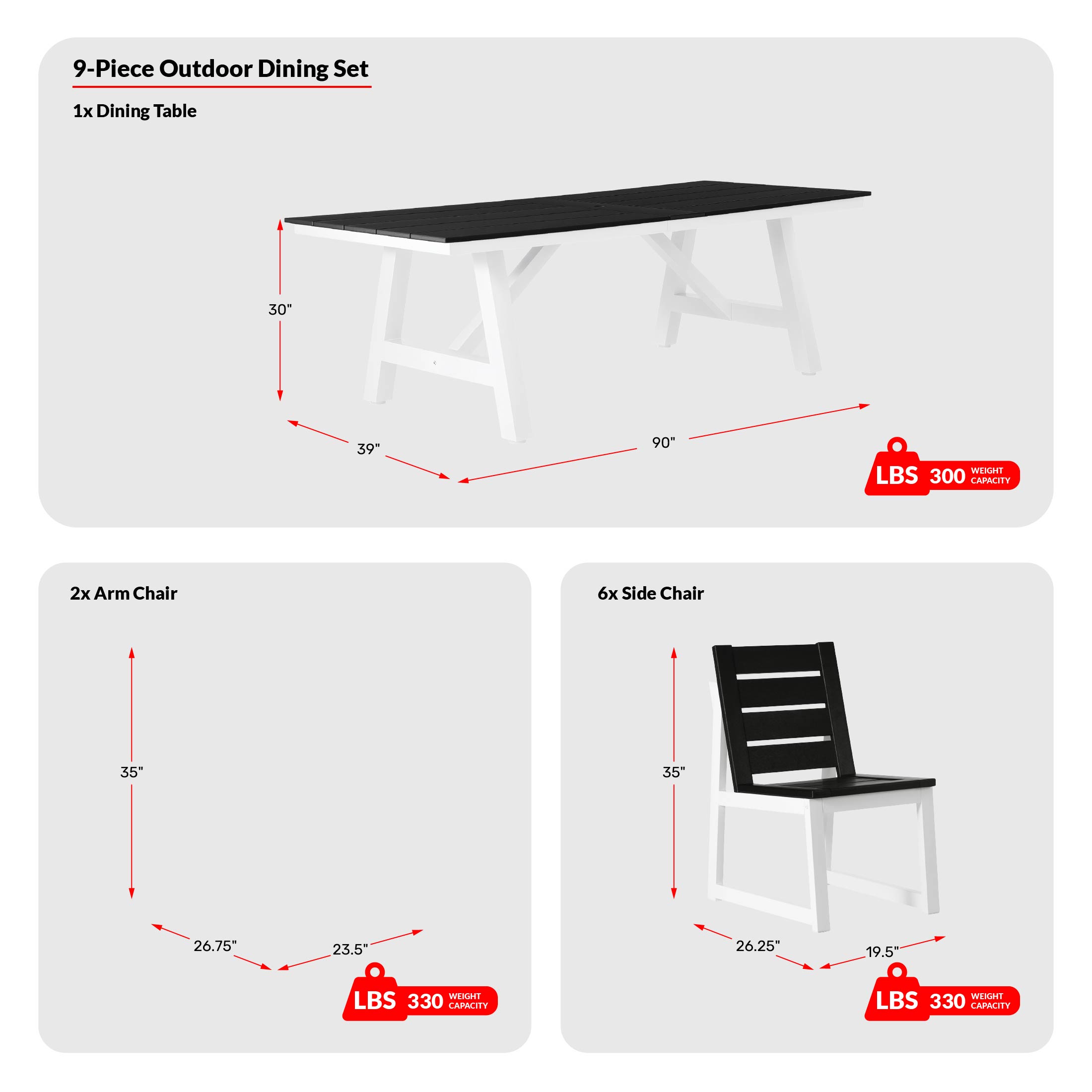 9-Piece HDPE Outdoor Furniture Patio Dining Table With Umbrella Hole and Chairs Set For 8 COS Spec Image