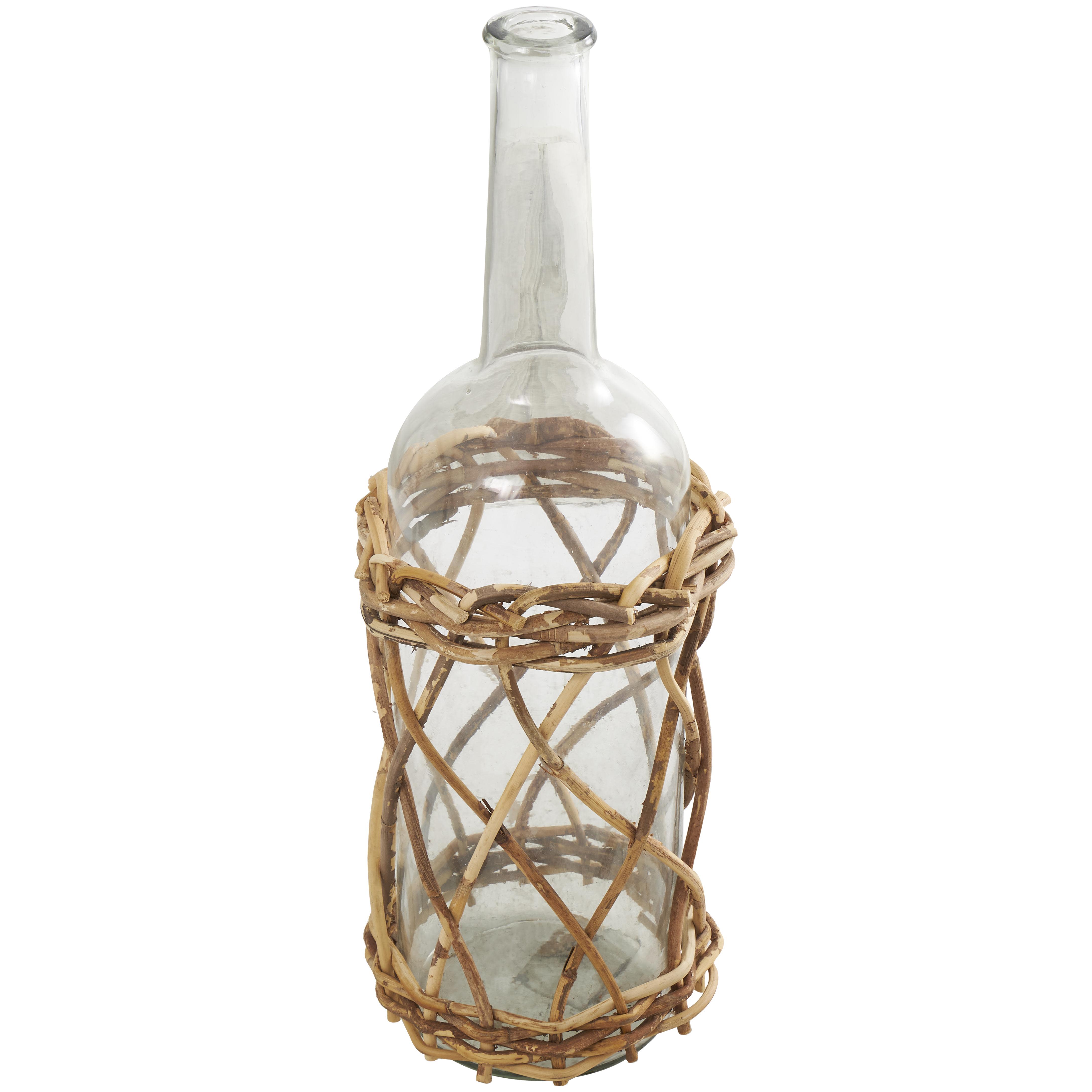 clear glass  handmade tall decorative vase with brown rattan woven body and neck, 8" x 8" x 23"