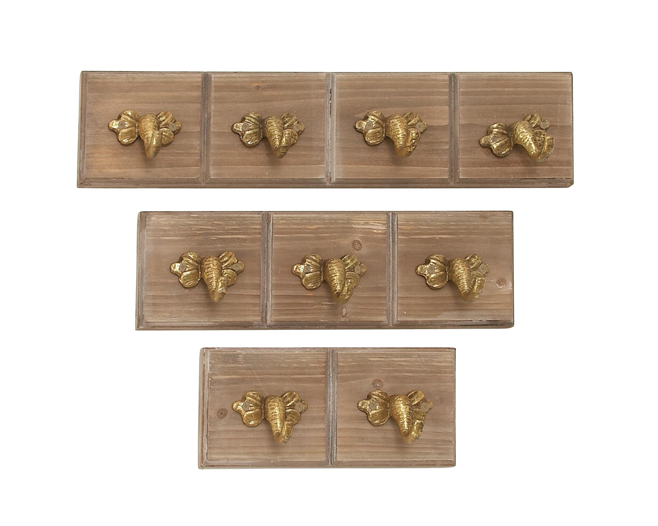 Light Brown Wooden  Wall Hook, Set of 3 12", 18", 24"H