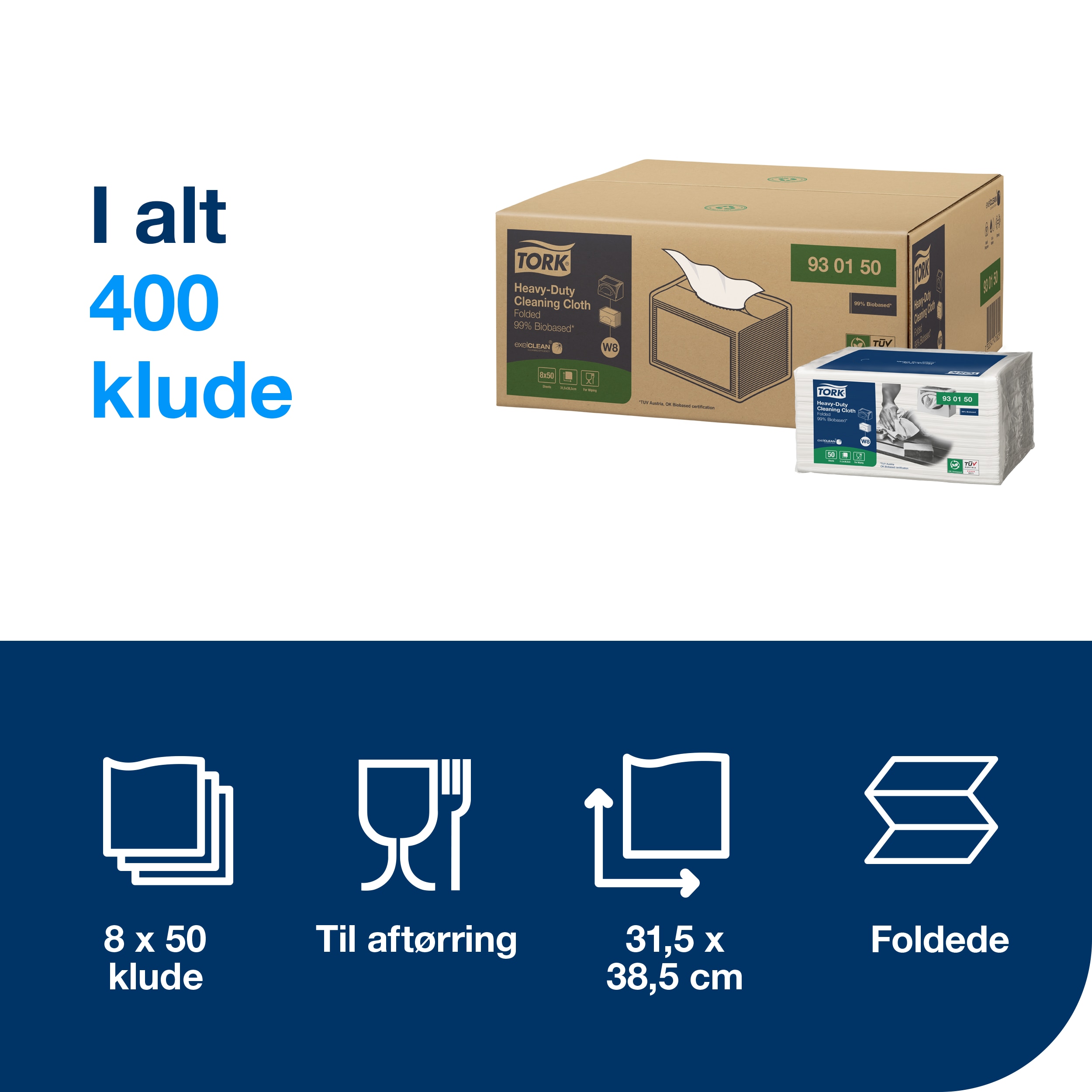 Aftørringsklud, Allround, Hvid, 400 klude, Tork Biobaseret W8