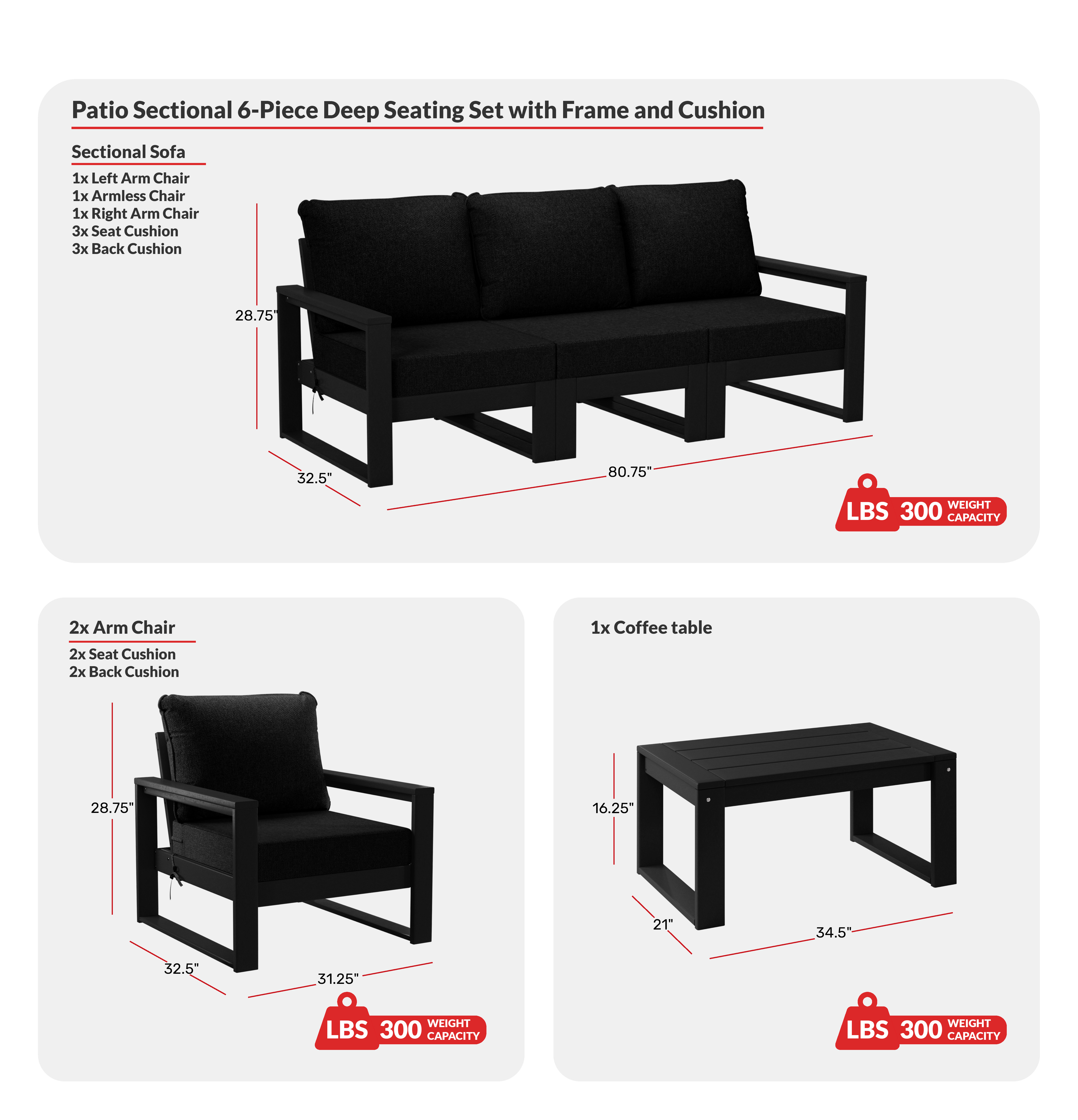 6-Piece Modern HDPE Outdoor Patio Furniture Sofa Conversation Set with Coffee TableCOS Spec Image