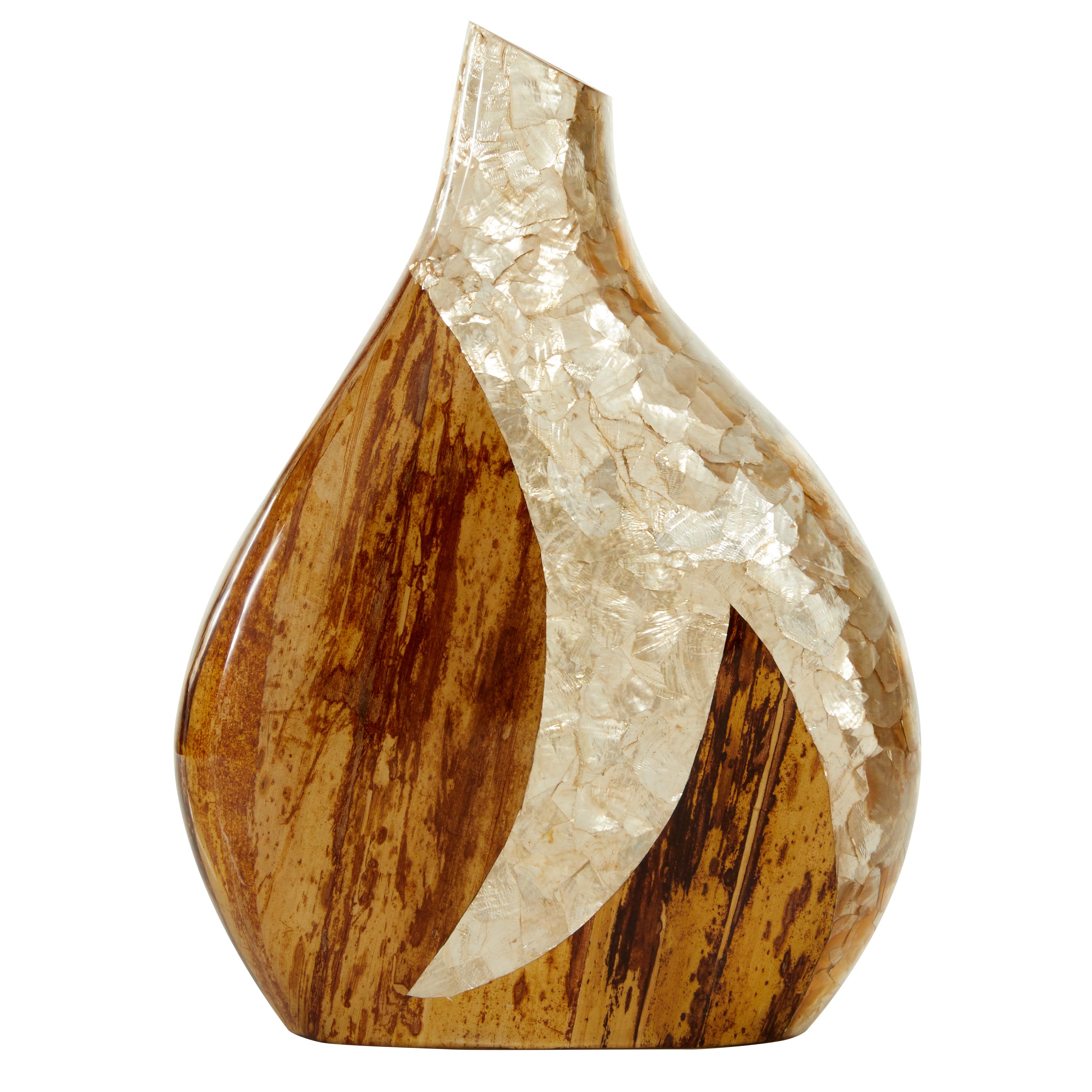 Large Gold Capiz Shell & Natural Banana Wood Vase w/ Canteen Silhouette, 9" x 12"