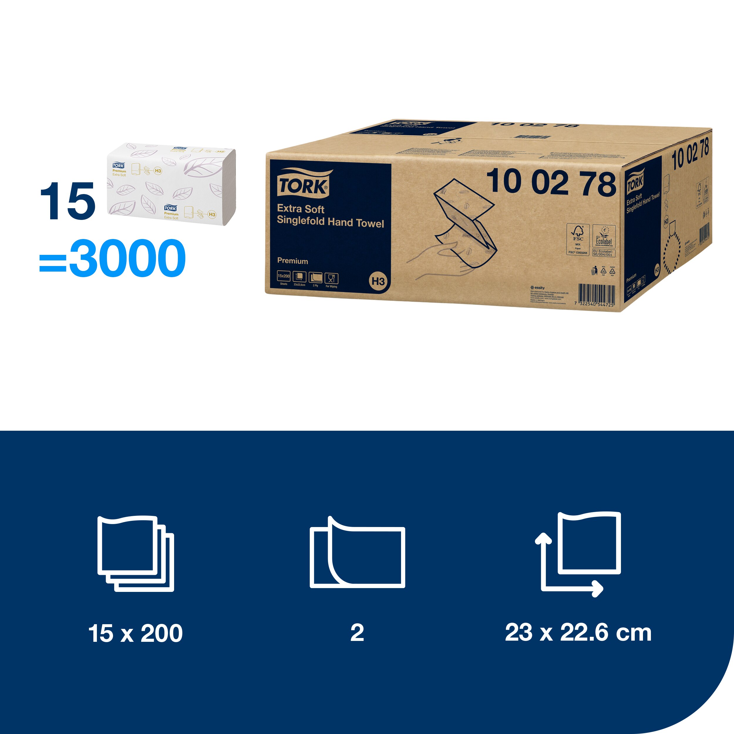 Håndklædeark, 2 lag, Singelfold, 3000 ark, Tork Premium H3