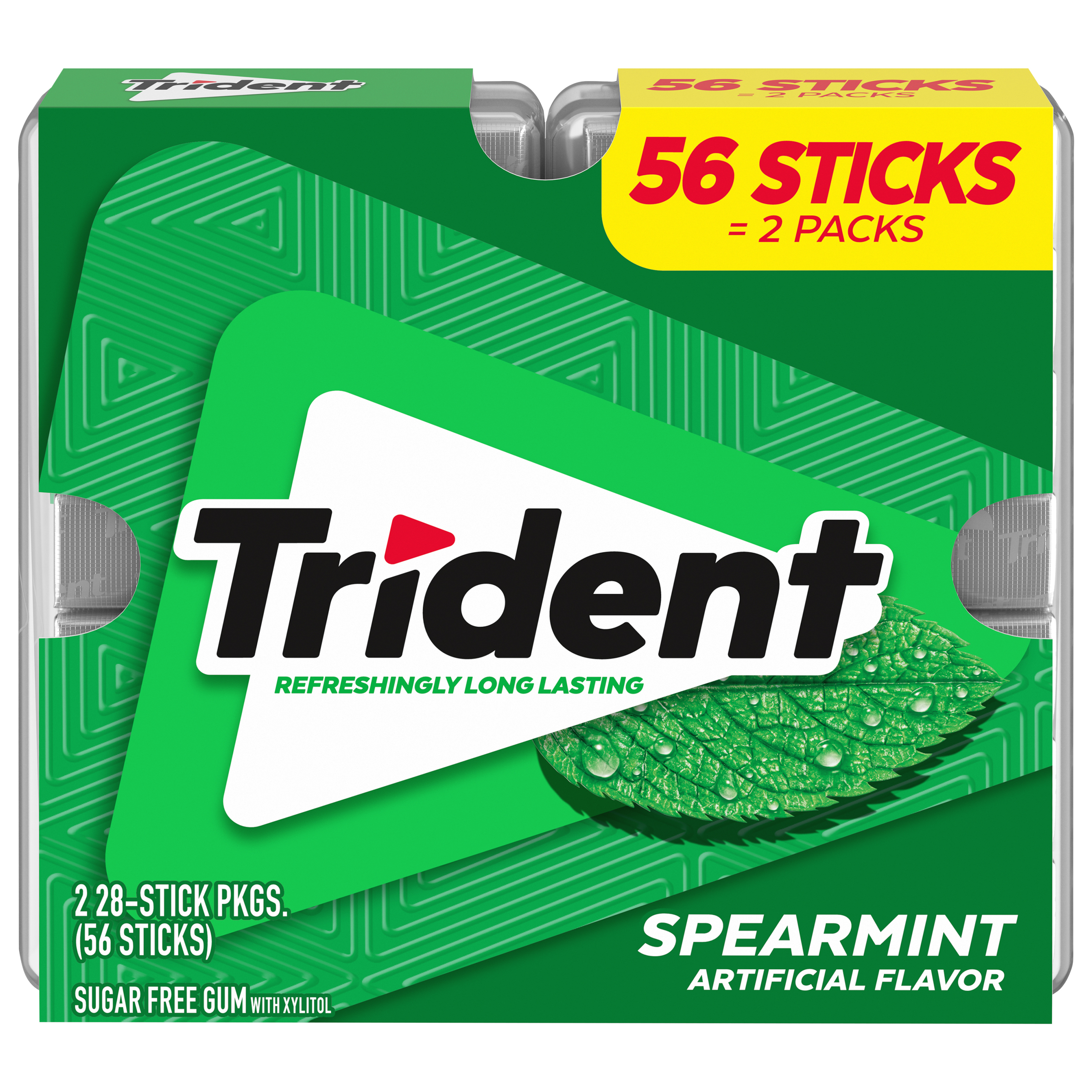 Trident Spearmint Sugar Free Gum, 2 Pocket Packs of 28 Pieces (56 Pieces Total)-thumbnail-0