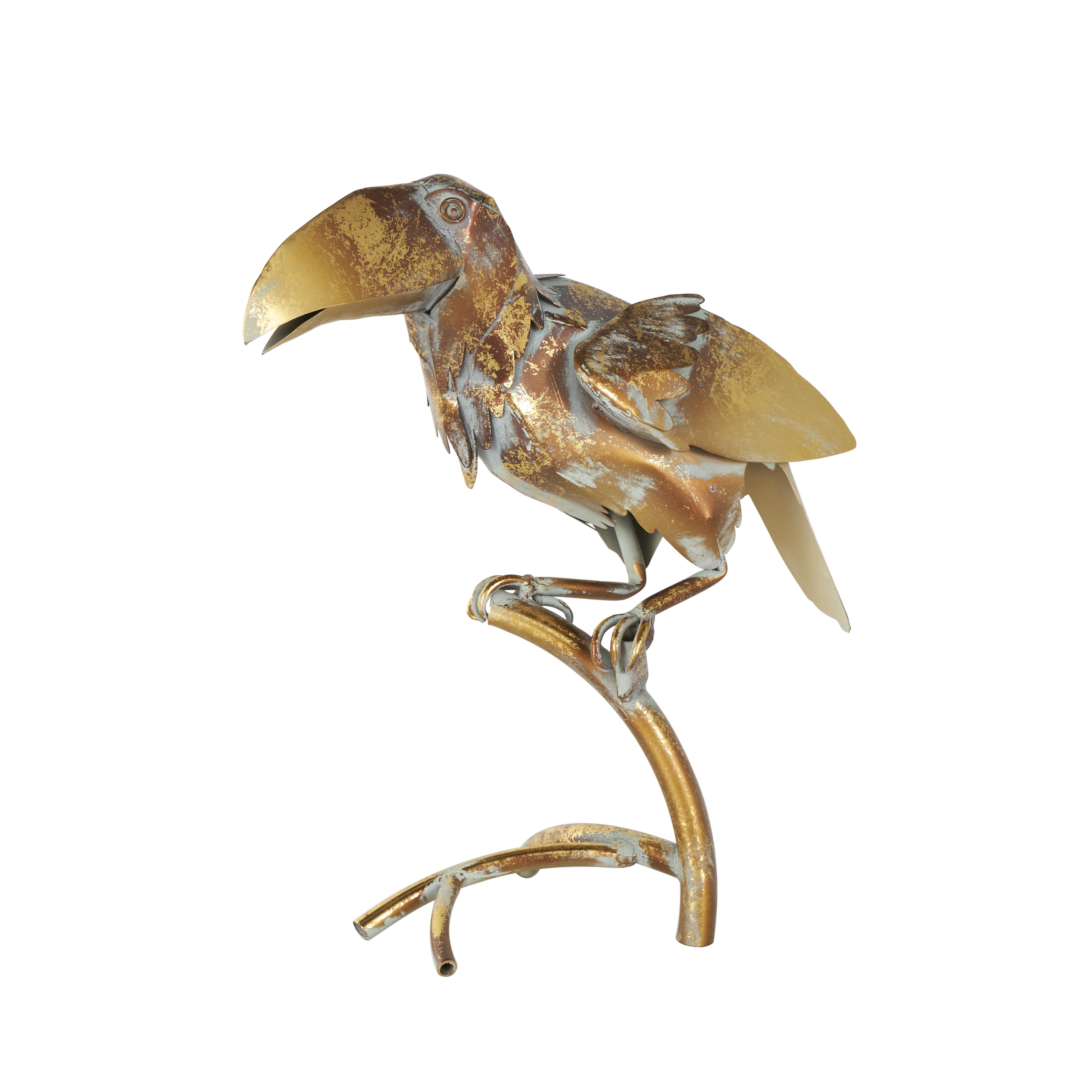 Bronze Metal Parrot Patina Decorative Garden Sculpture with Branch Stand, 7" x 15" x 16"