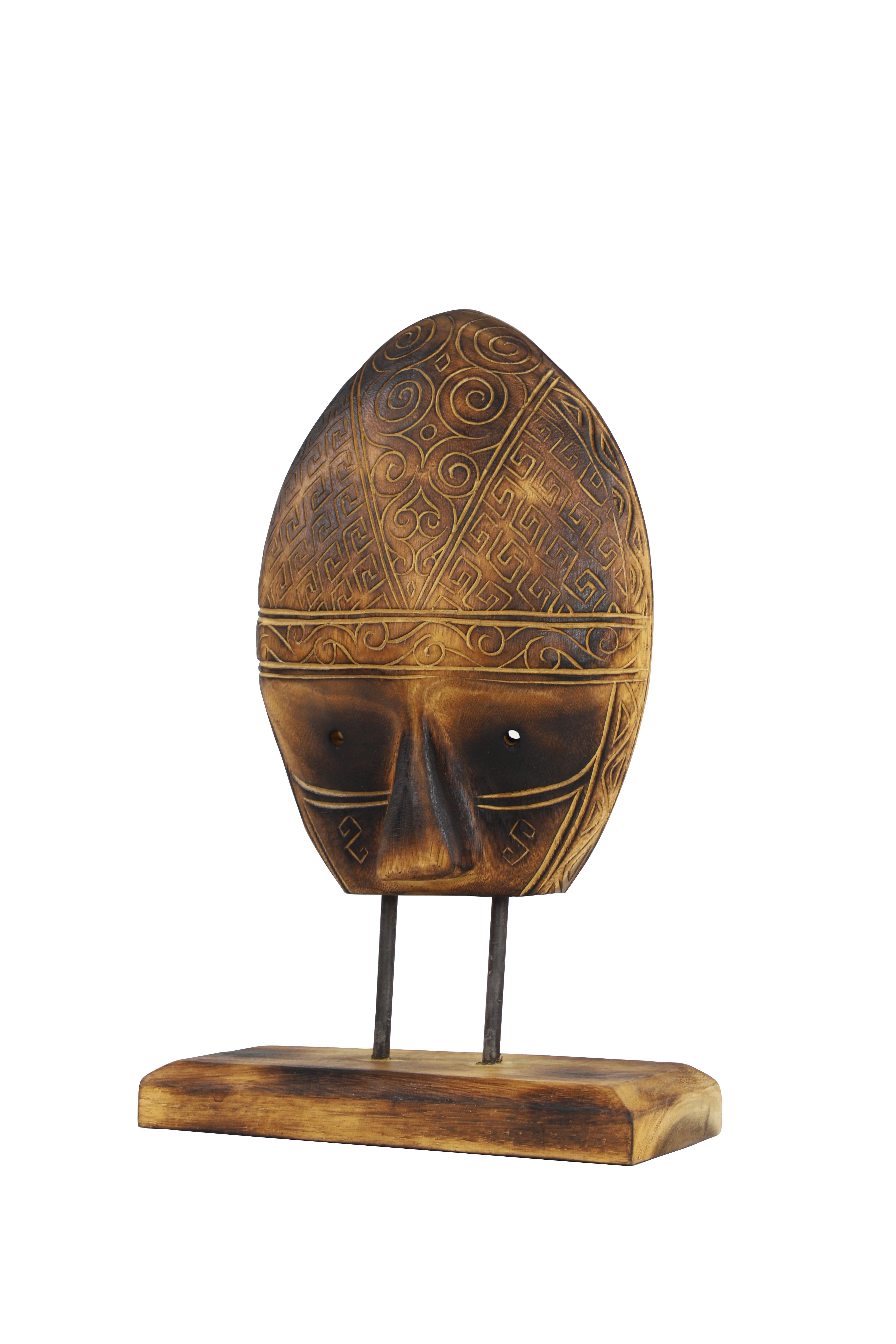 Brown Wood Mask Sculpture, 11" x 5" x 17"