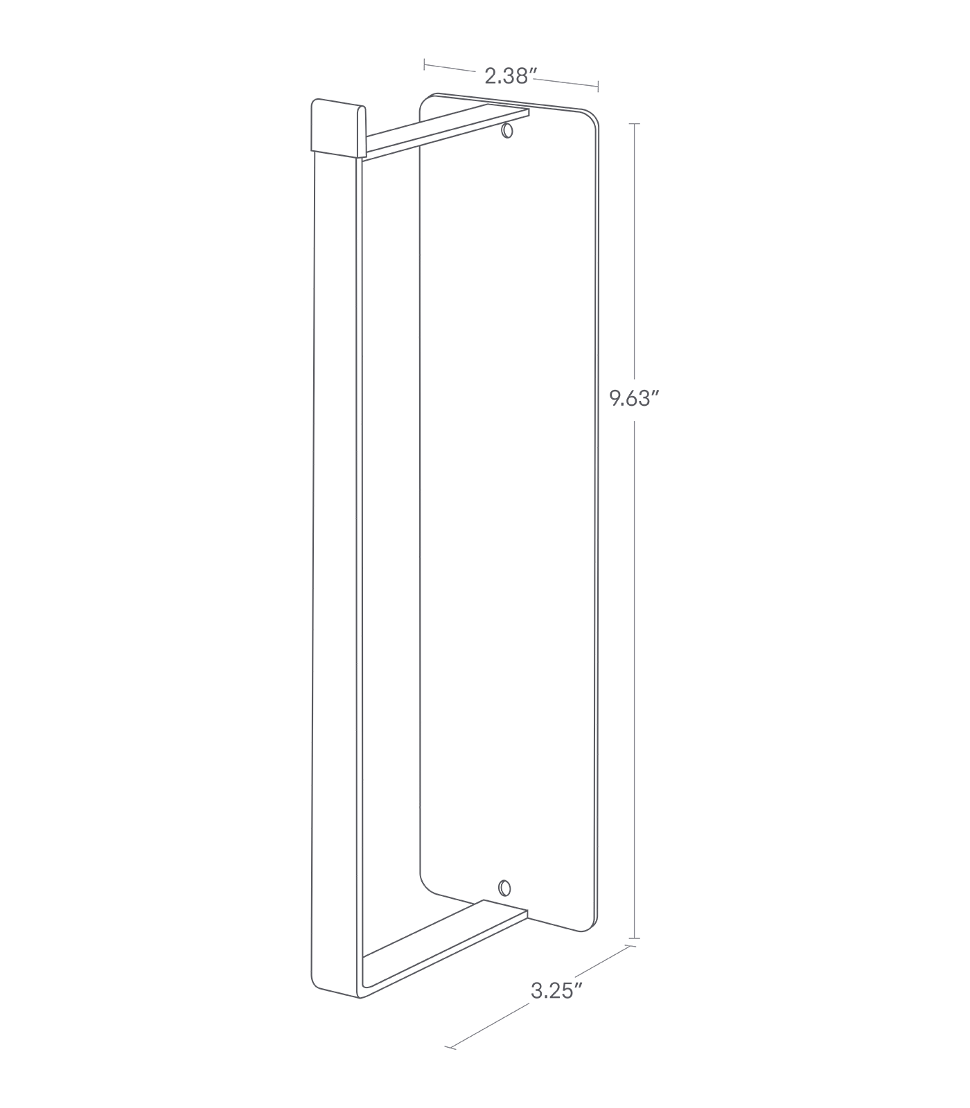 Dimension image for Magnetic Clothes Hanger Rack showing height of 9.63", length of 3.25", width of 2.38"