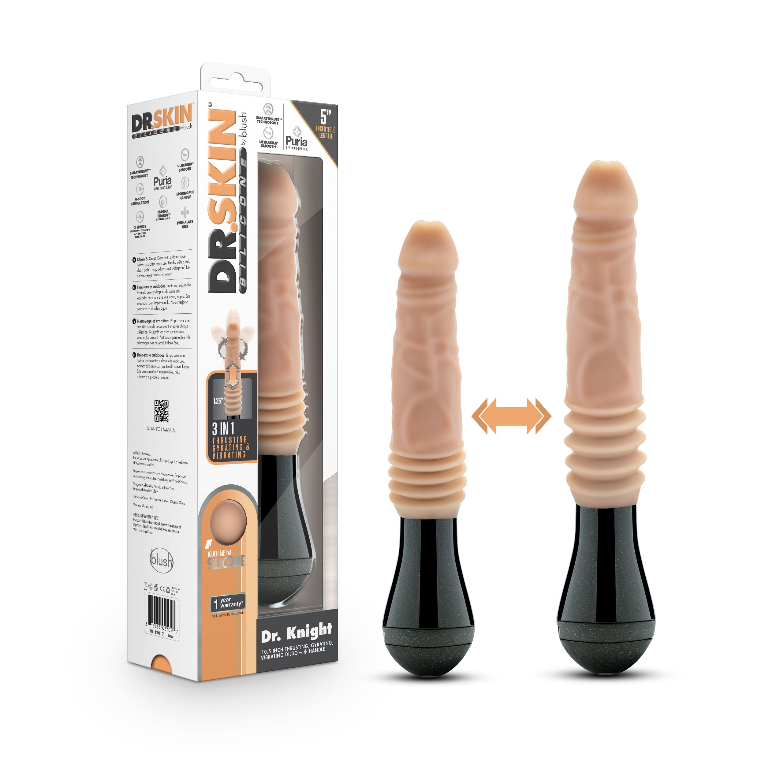 Blush Dr. Skin Silicone Dr. Knight Large 10.5 Inch Vibrating, Gyrating And Thrusting Dildo in Beige ? Made With Puria? Platinum Cured Silicone