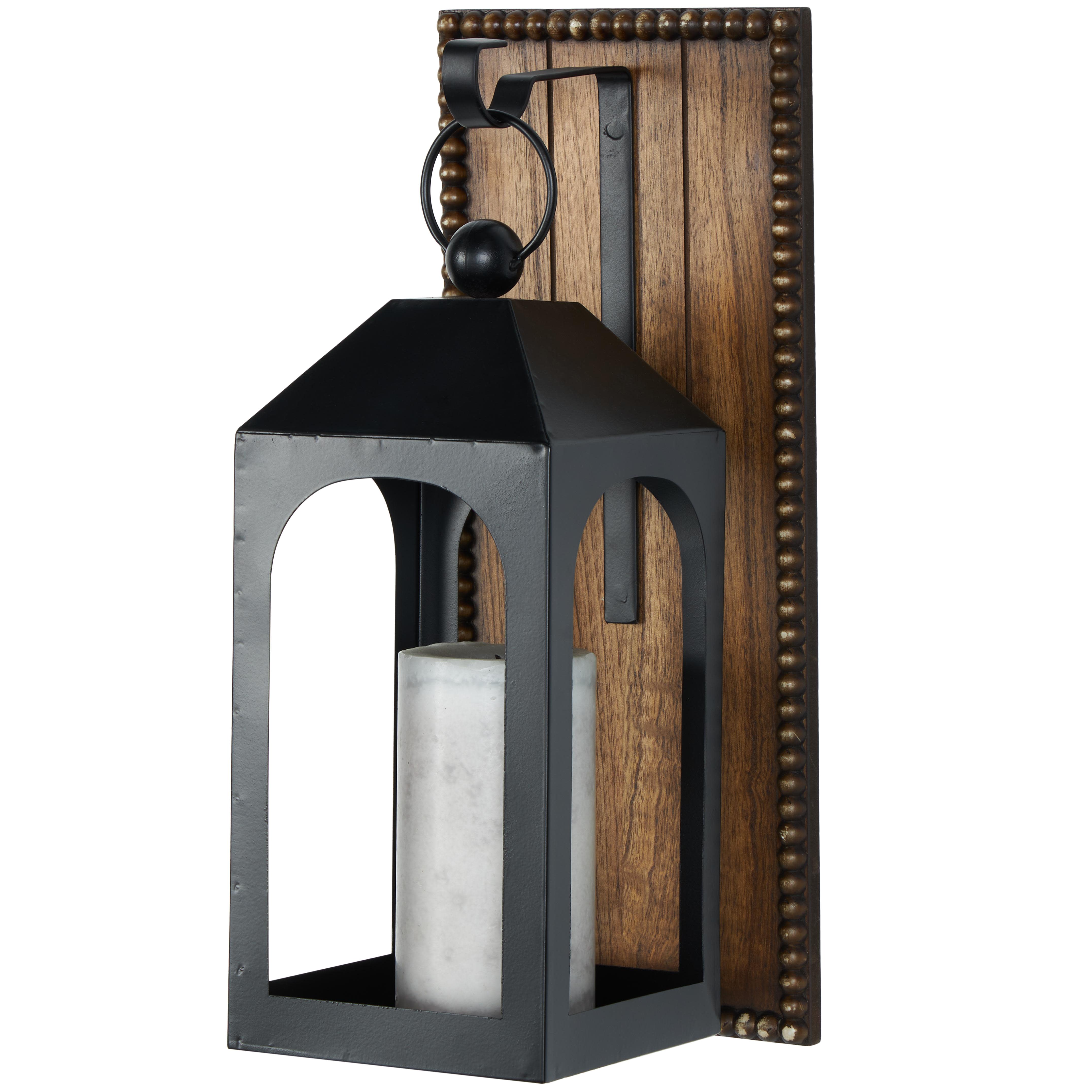 Black Metal  Suspended Arched Cutout Indoor Outdoor Wall Sconce with Brown Wood Backing and Beaded Edge, 6" x 6" x 16"
