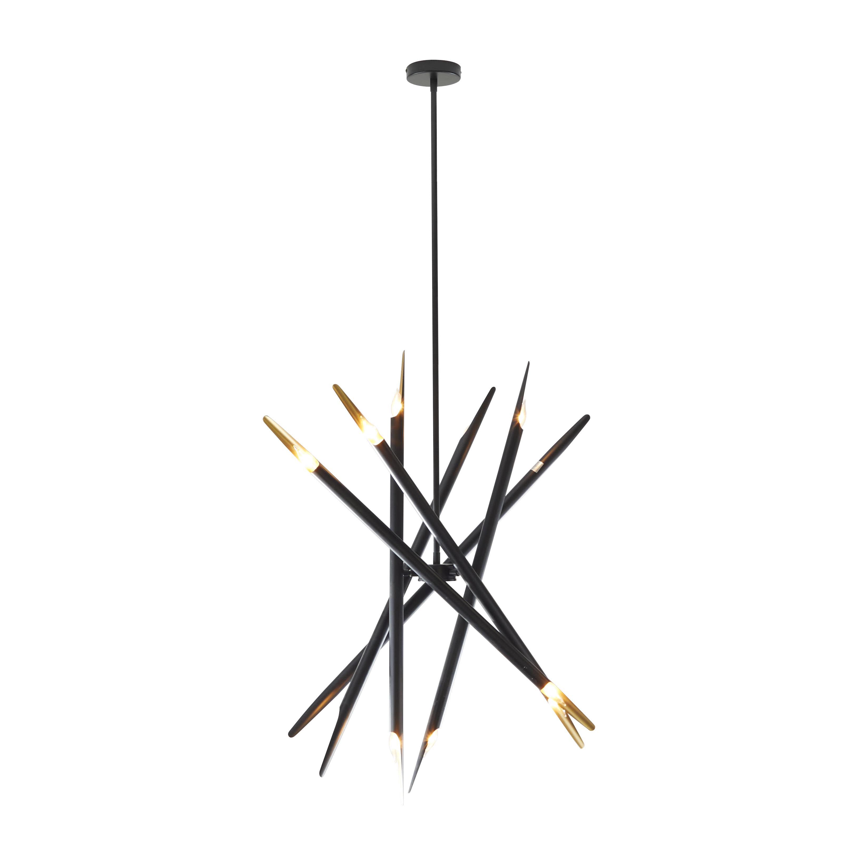 Black Metal  Abstract 12 Light Room Chandelier with Angled Beams and Suspension Rod, 8" x 8" x 62"