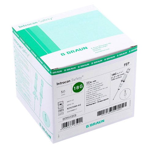 Introcan® Safety IV Catheter 18G x 1 1/4" Straight Teflon - 50/Box
