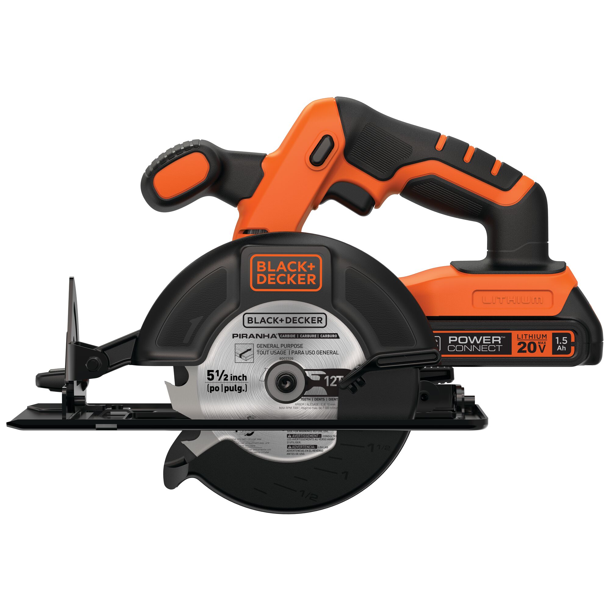 Profile of black and decker 20 volt five and a half inch cordless circular saw.