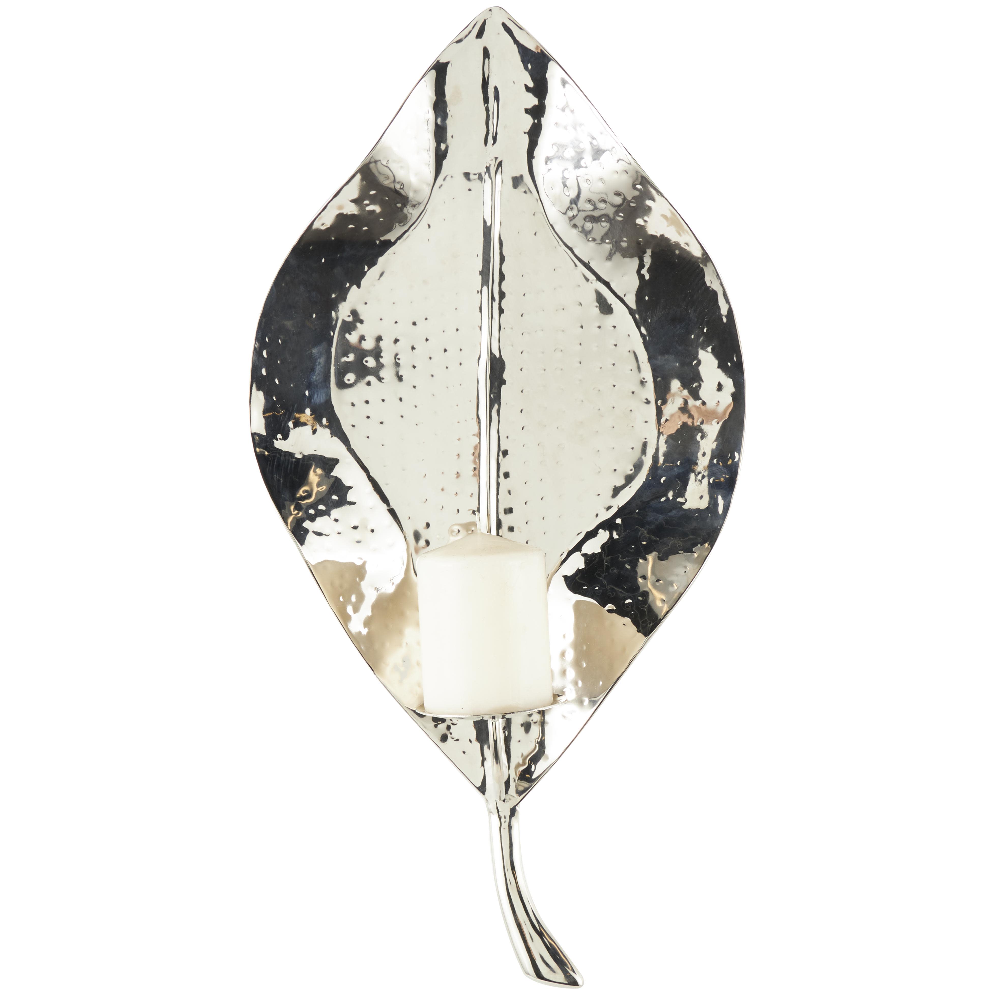 (4 pcs )Silver Stainless Steel Metal Leaf Slim Indoor Outdoor Wall Sconce with Hammered Design, 12\" x 6\" x 24\"