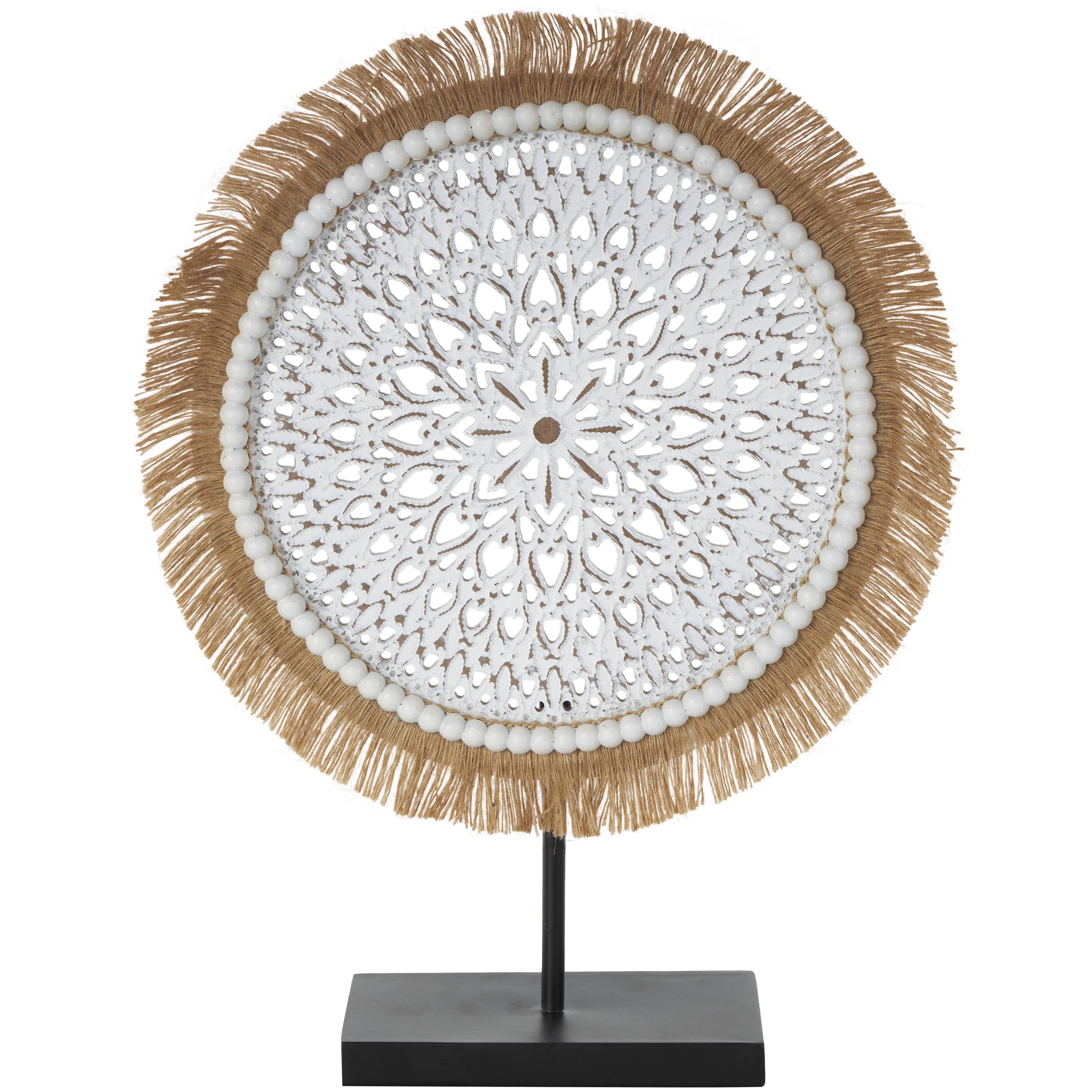 White Wooden Tribal Handmade Seagrass Fringed Decorative Sculpture with Black Base, 14" x 4" x 18"