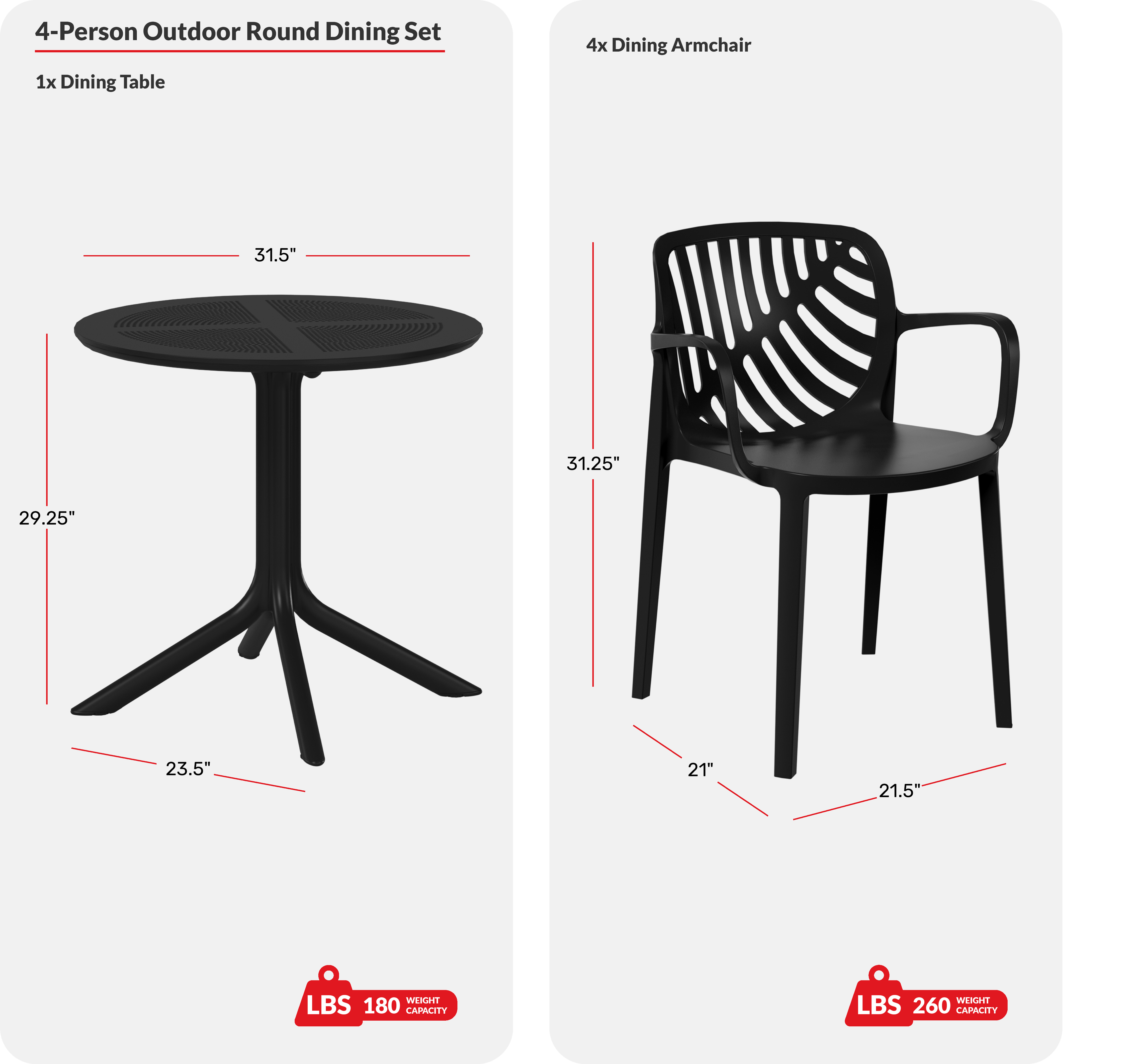 5-Piece Outdoor Resin Round Patio Dining Table Set with Modern Stackable Patio Dining ChairsCOS Spec Image