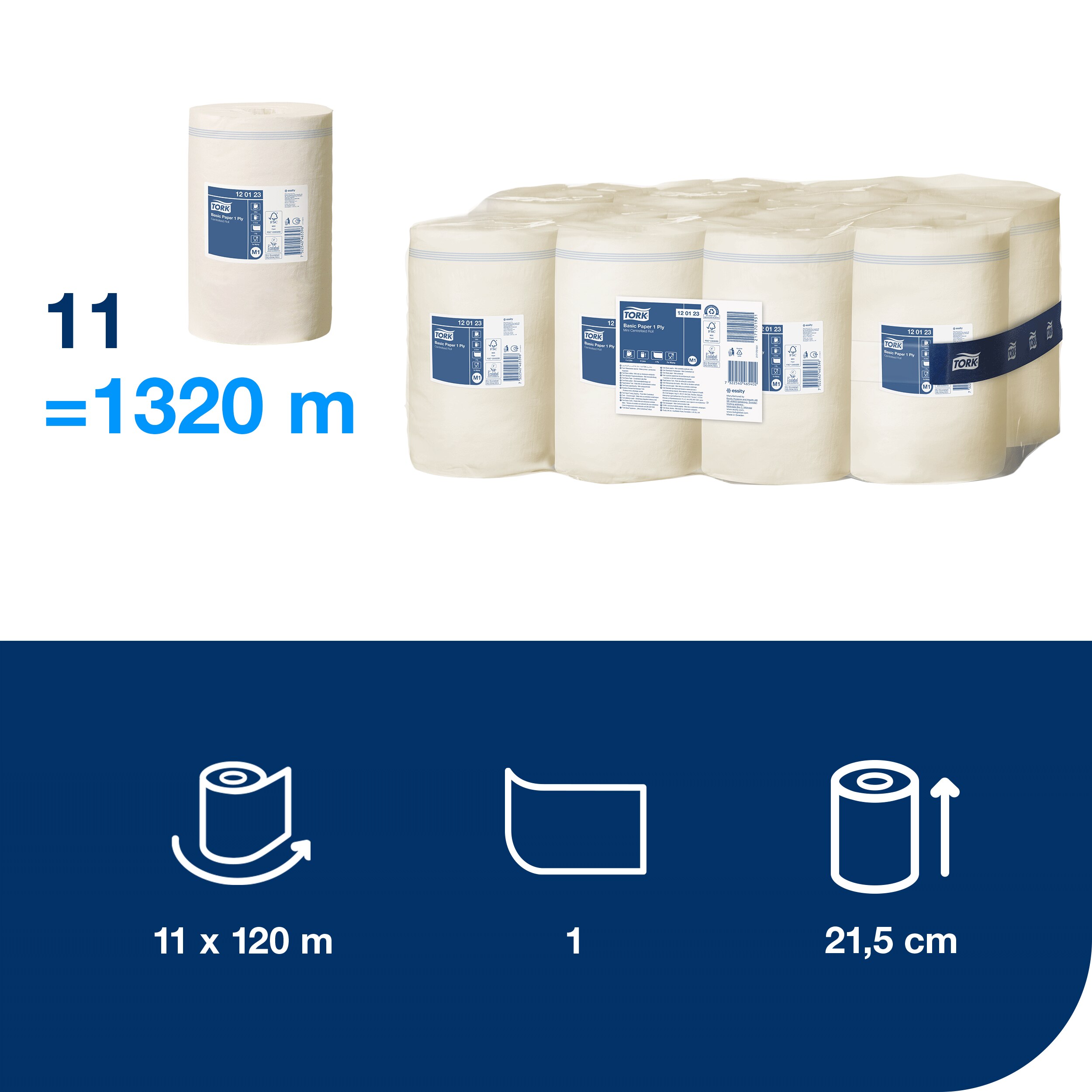 Aftørringsrulle, Centertræk, 1 lag, 11 ruller, Tork Basic Mini M1