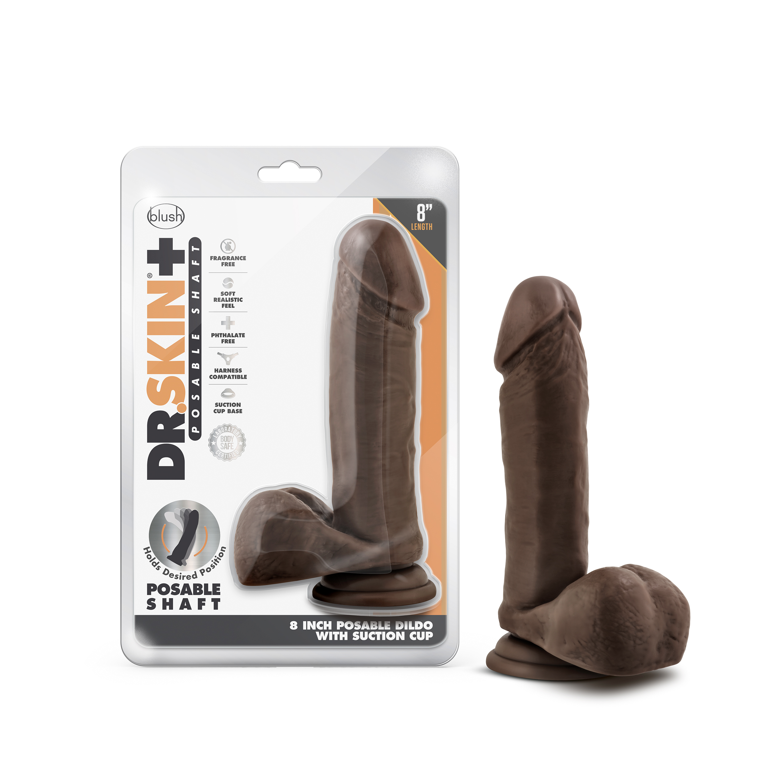 Blush Dr. Skin Plus Realistic Chocolate 8-Inch Long Dildo With Balls & Suction Cup Base