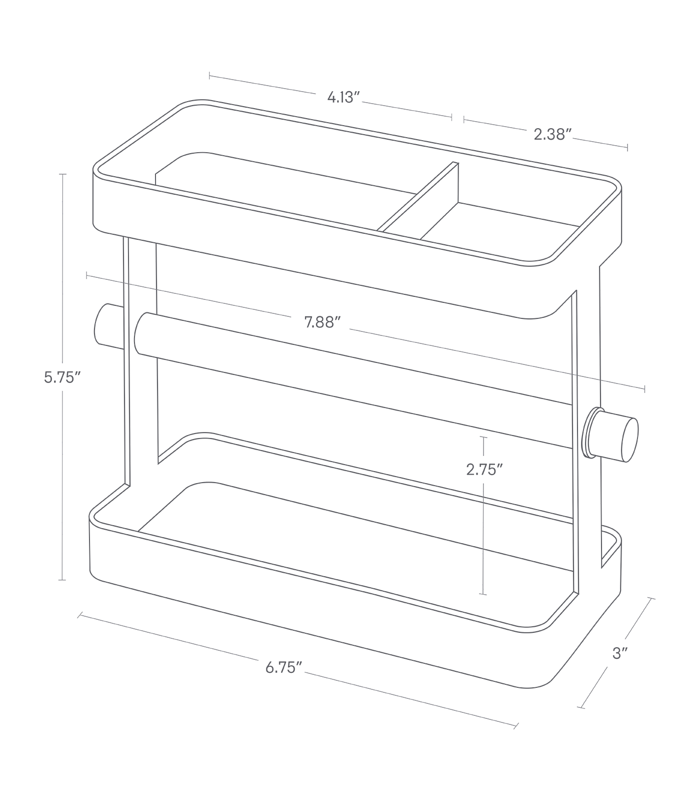 Dimension image of Utensil Holder by Yamazaki Home with a base width of 6.75", base depth of 3", and height of 5.75". The middle wooden bar is 7.88" wide, and there is a space of 2.75" between the bottom of the base and the wooden bar. The top of the holder is separated into two compartments, the wider measuring 4.13" wide, and the smaller measuring 2.38" wide.