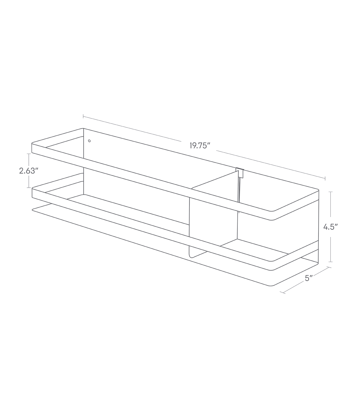 Dimension image for Magnetic Storage Rack showing height of 4.5", length of 5", width of 19.75" and 2.63" between the top bar and the middle bar