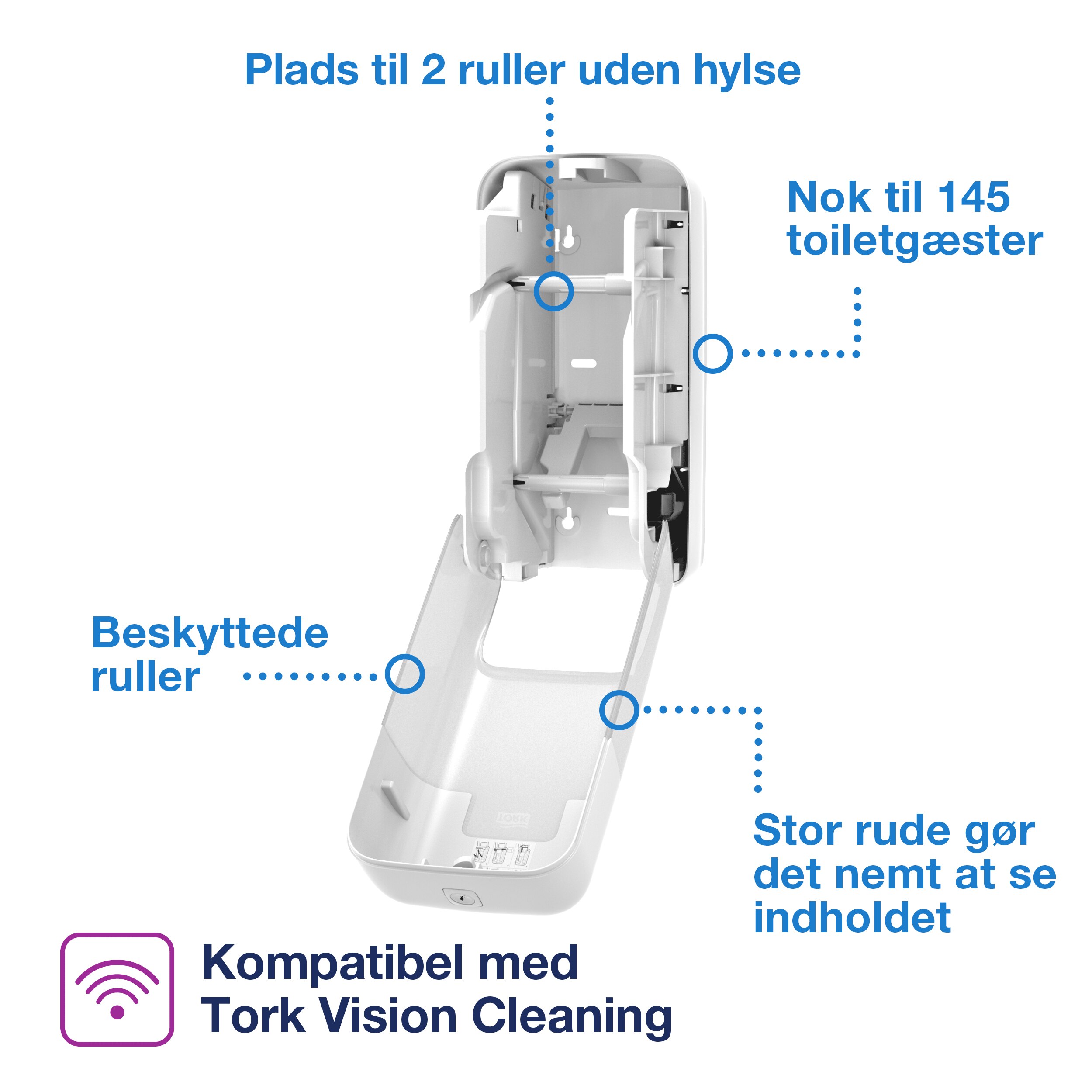 Toiletpapirdispenser, Til 2 ruller uden hylse, Udvendig oprulning, Hvid, Tork OptiServe T7