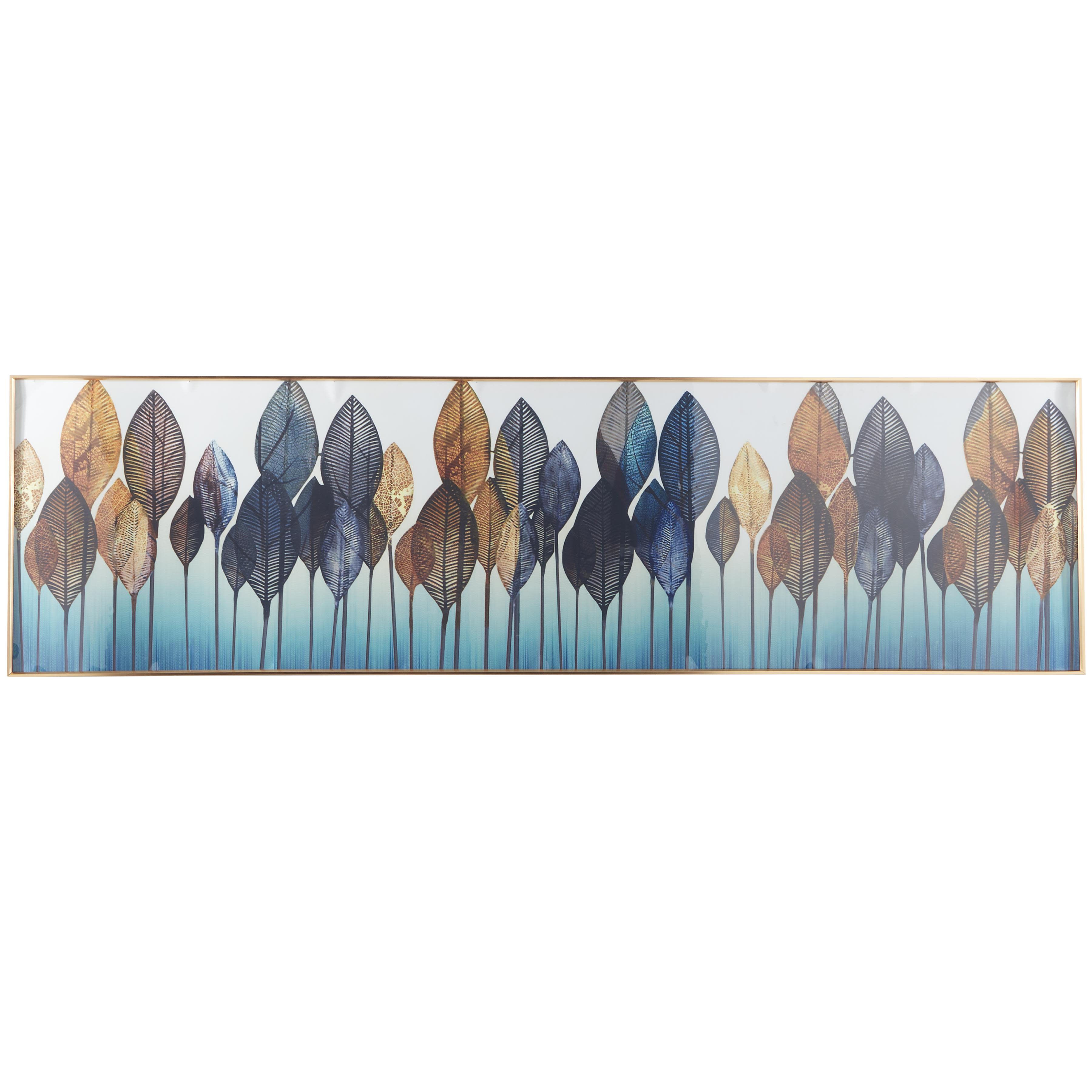 CosmoLiving by Cosmopolitan Blue Porcelain Ceramic Leaf Living Room Wall Decor with Gold Aluminum Frame, 71" x 2" x 20"