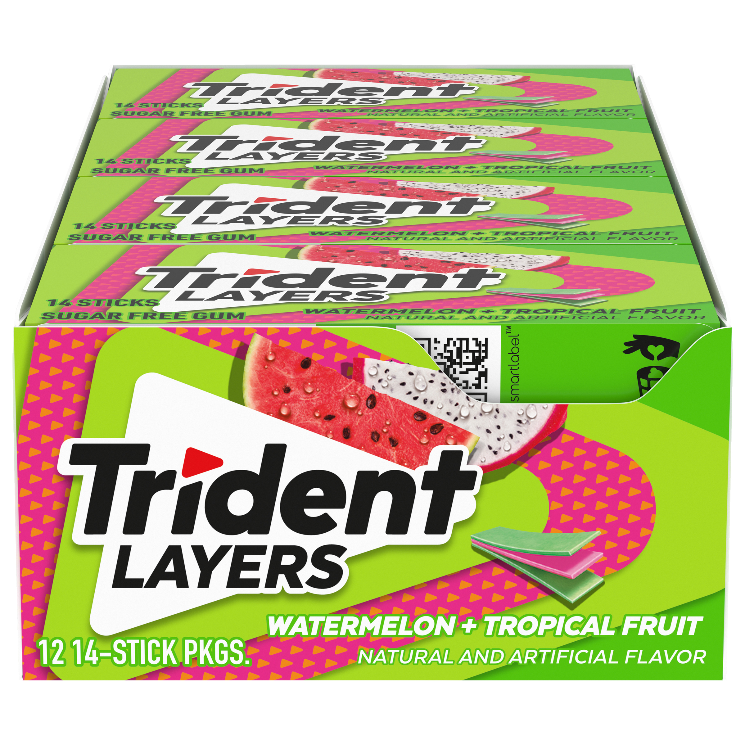 Trident Layers Watermelon & Tropical Fruit Sugar Free Gum, 12 Packs of 14 Pieces (168 Total Pieces)-thumbnail-0