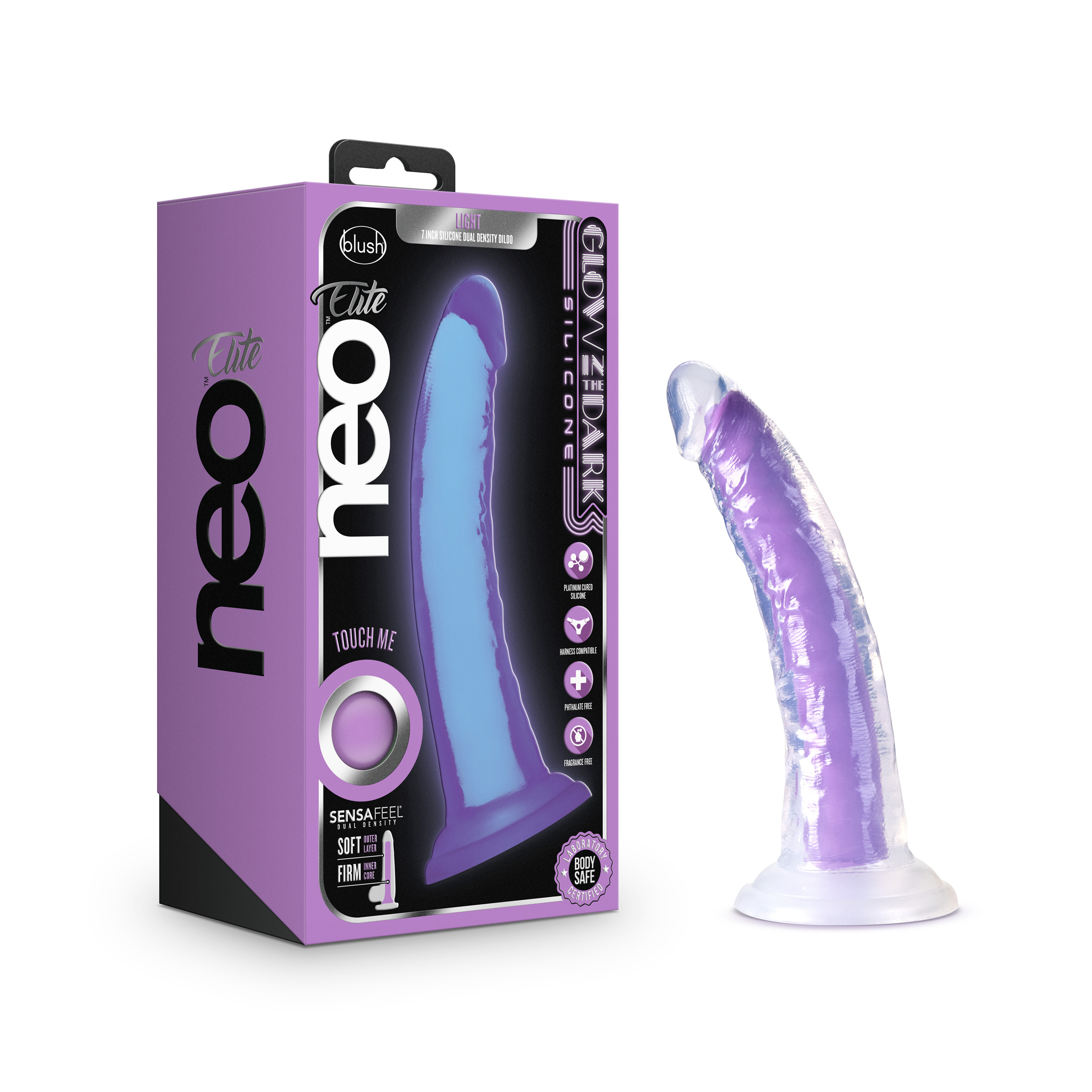 Blush Neo Elite? / Glow In The Dark Neon Purple: 7.5-Inch Long Dildo - Made with Purio? Silicone & SensaFeel? Dual Density Realistic Technology