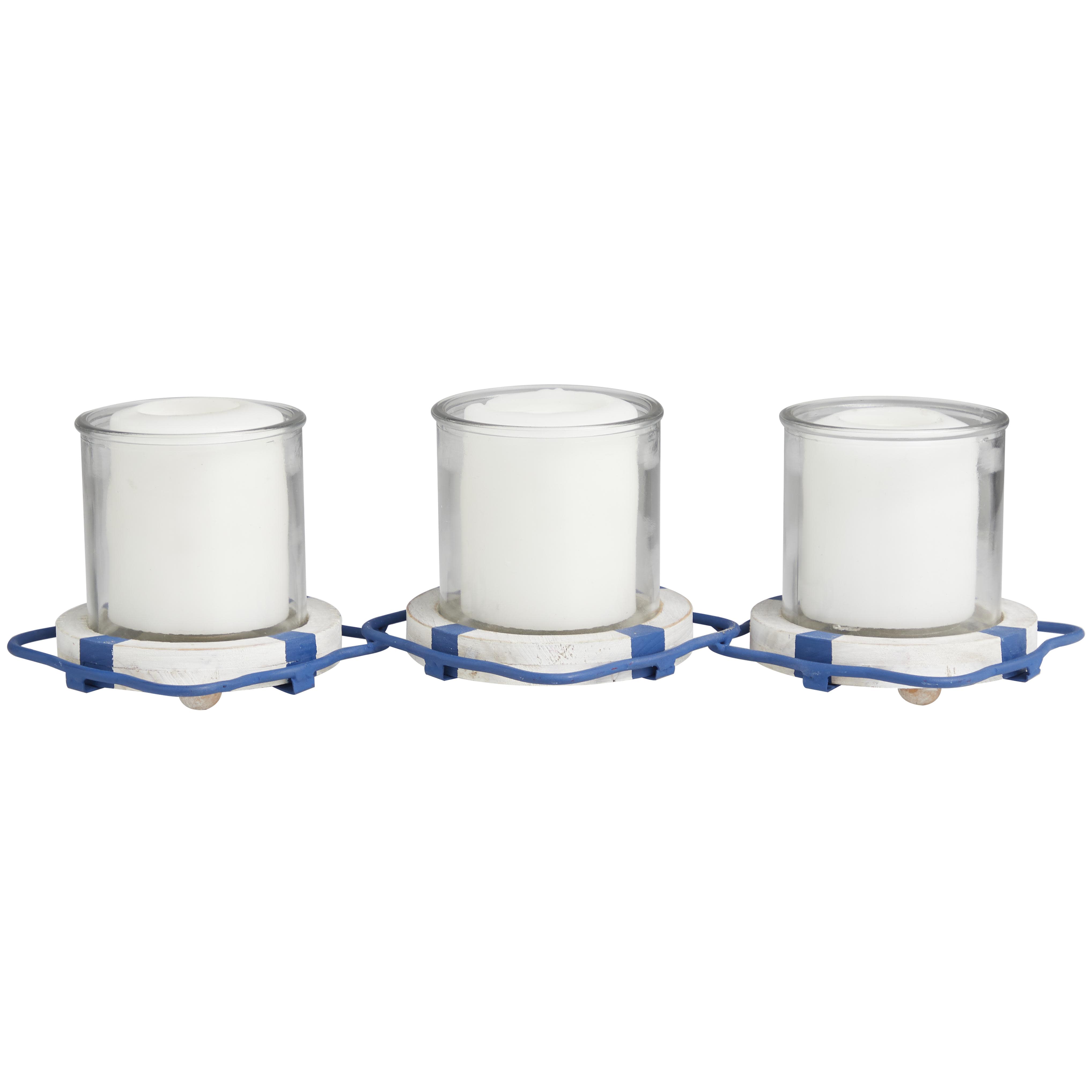 Blue Metal Buoy Distressed 3 Linked Decorative Candle Holder with White Wood Accents, 19" x 7" x 5"