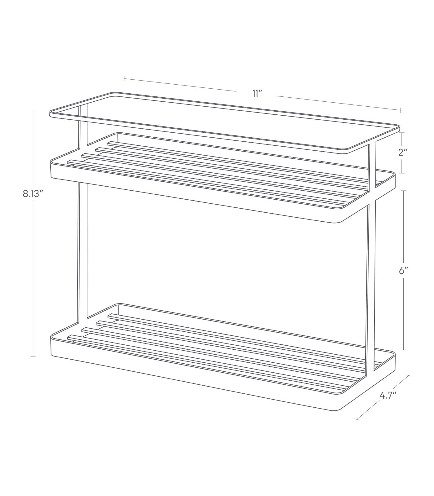 Dimension image for Countertop Organizer Rack on a white background including dimensions  L 4.72 x W 11.02 x H 8.27 inches