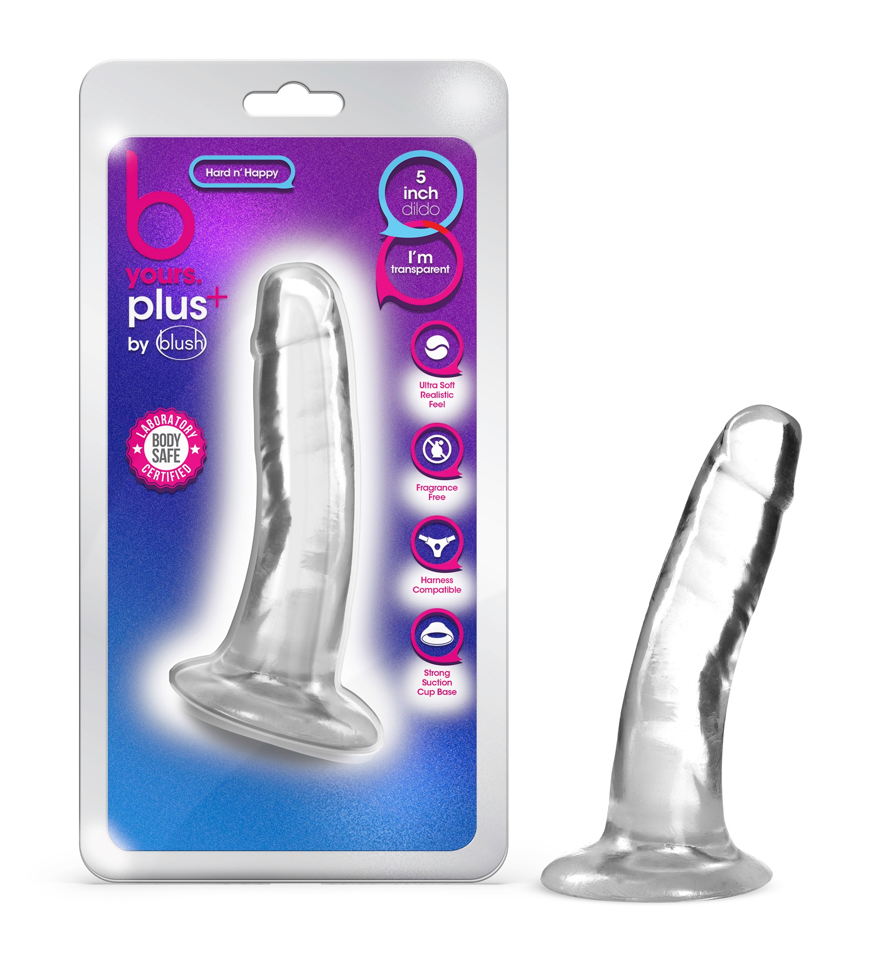 Blush B Yours Plus Hard N? Happy Realistic G-Spot Clear 5.5-Inch Long Dildo With Suction Cup Base