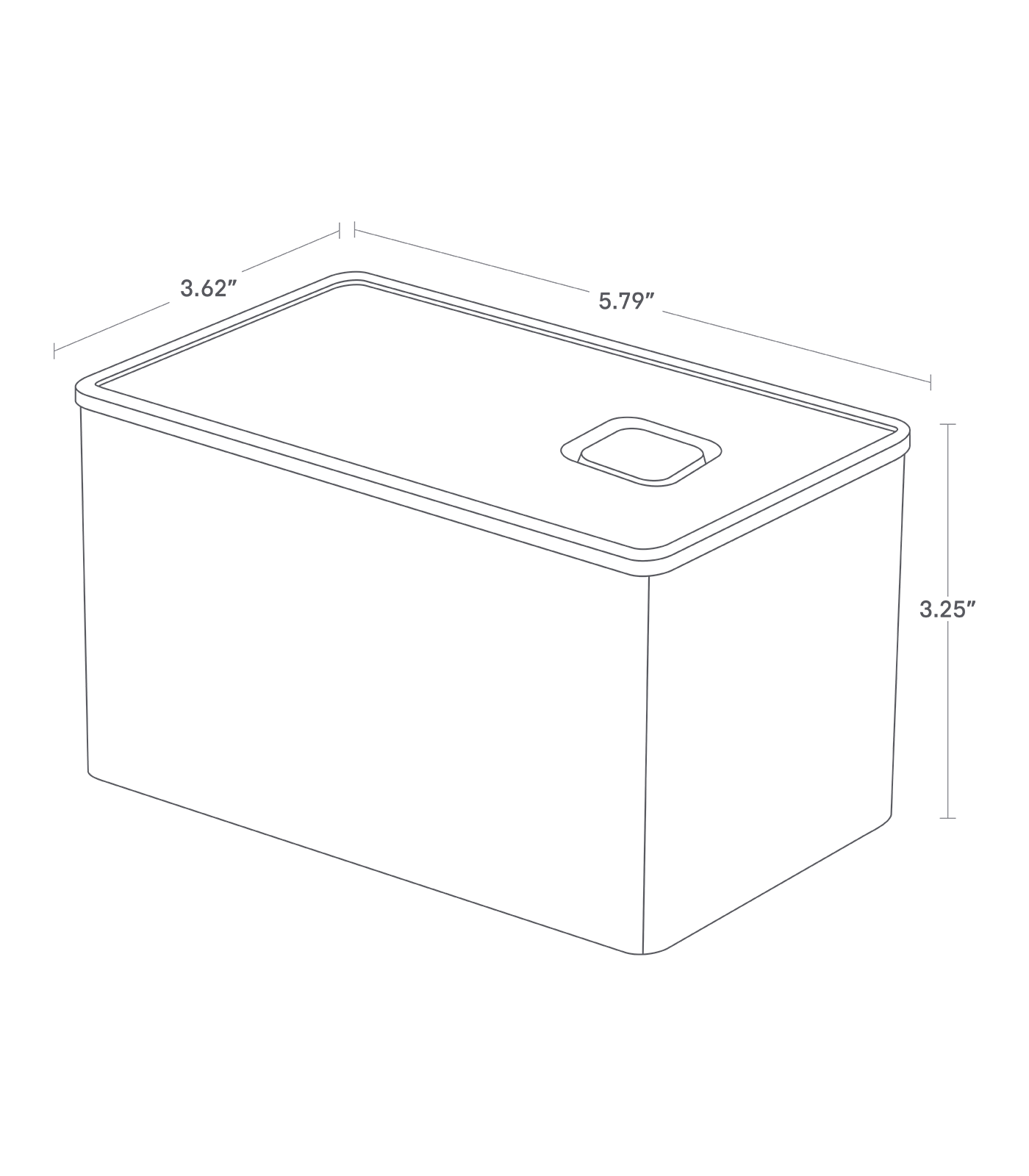 Dimension image for Vacuum-Sealing Butter Dishon a white background showinglength of 5.79 ", width of 3.62 ", height of 3.25 "