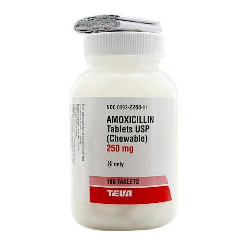 Amoxicillin 250mg, 100 Count Chewable Tablets - 100/Bottle