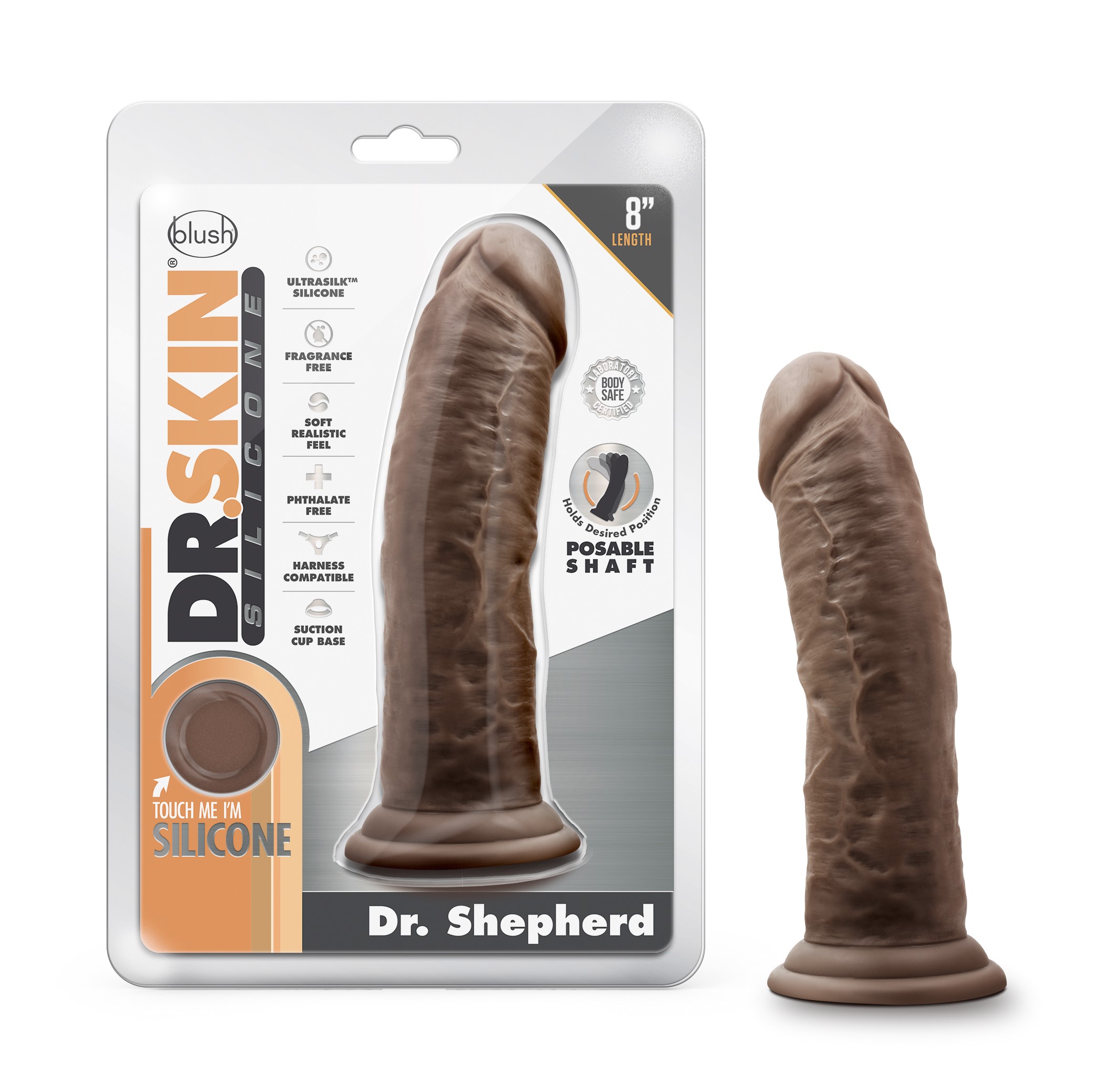 Blush Dr. Skin Silicone Dr. Shepherd Realistic Chocolate 8-Inch Long Dildo With Suction Cup Base