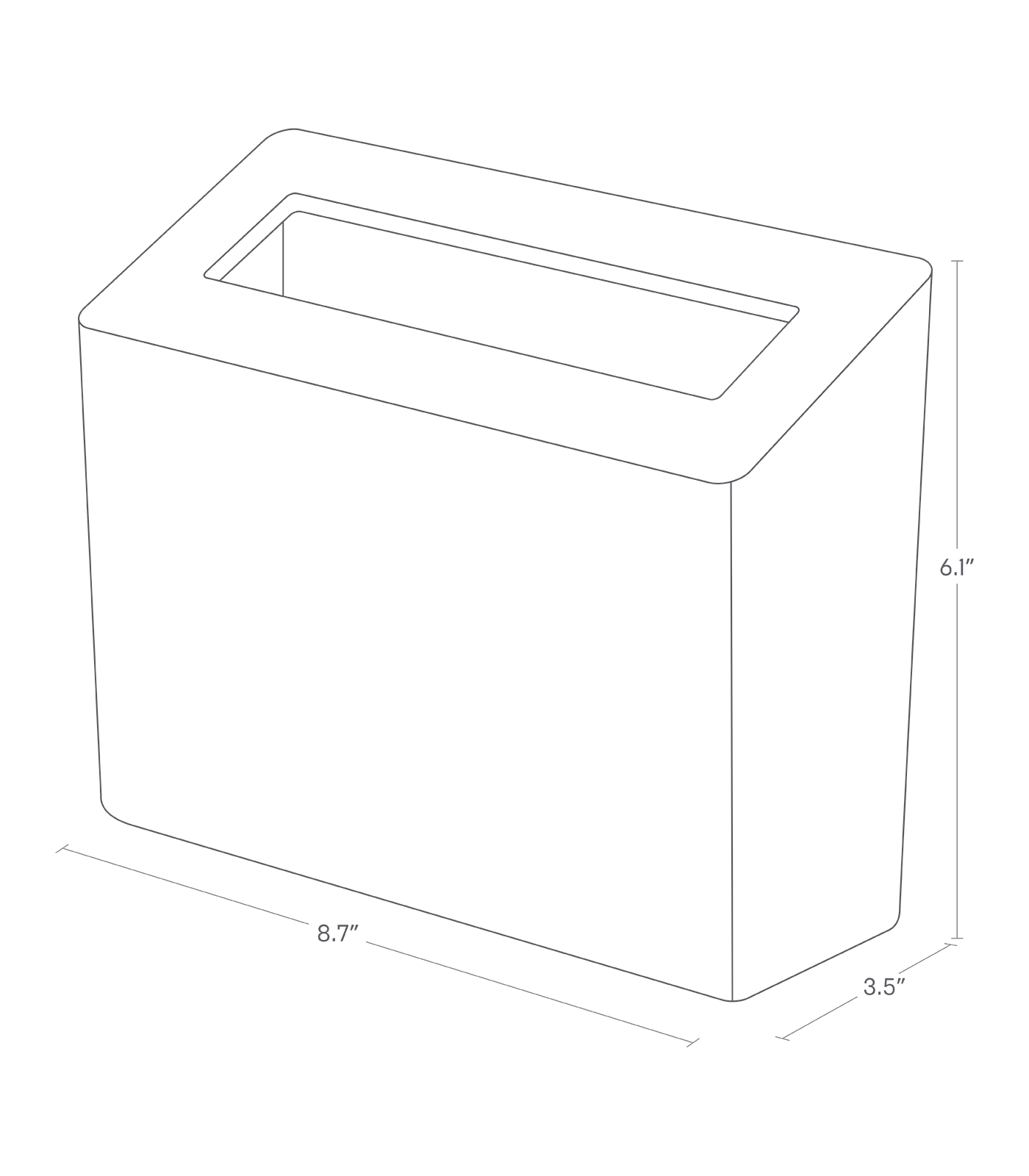 Dimension Image for Countertop Waste Bin on a white background showing a height of 6.1", width of 8.7", and length of 3.5".