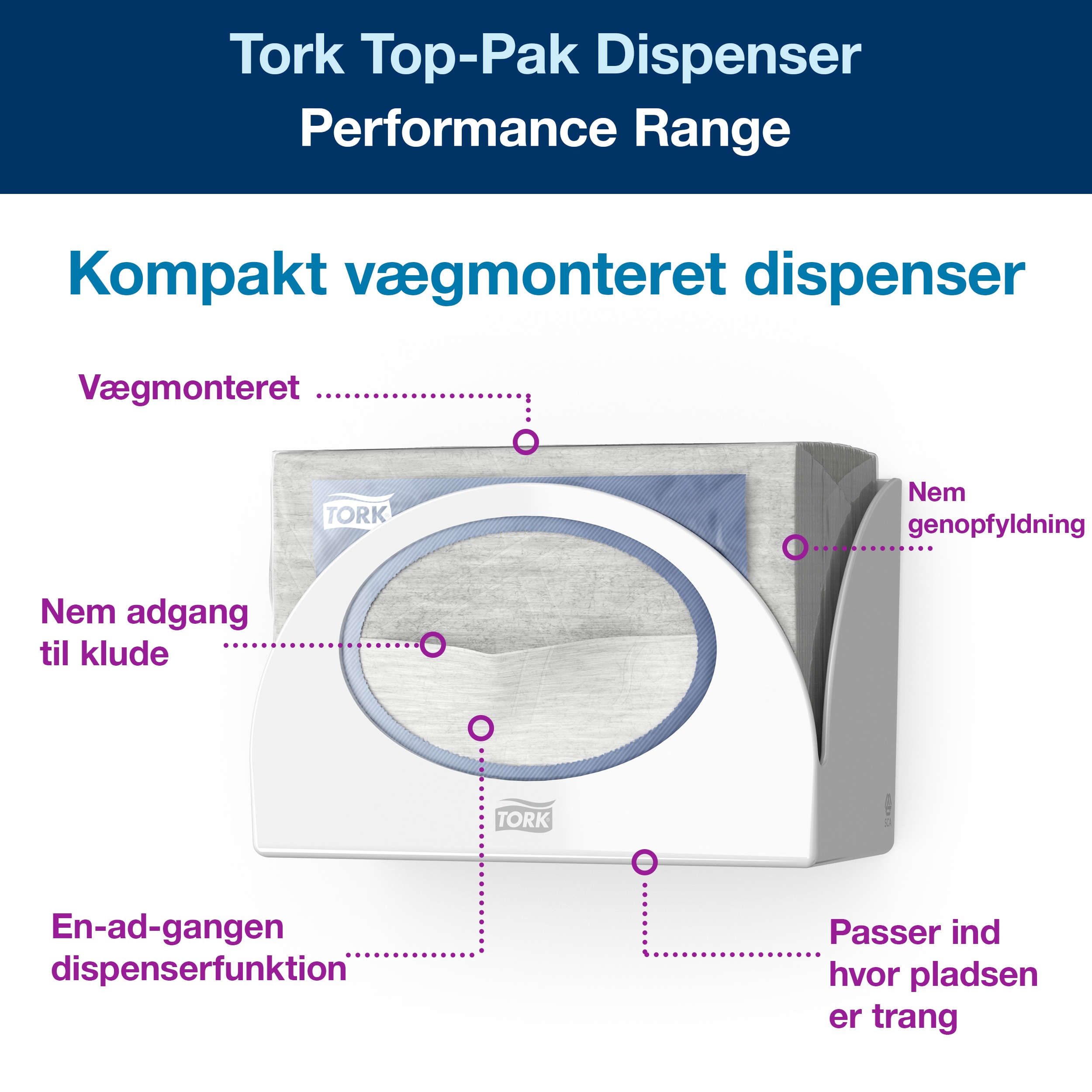 Aftørringsdispenser, Til aftørringsark, Foldede, Hvid, Tork Small Pack W8
