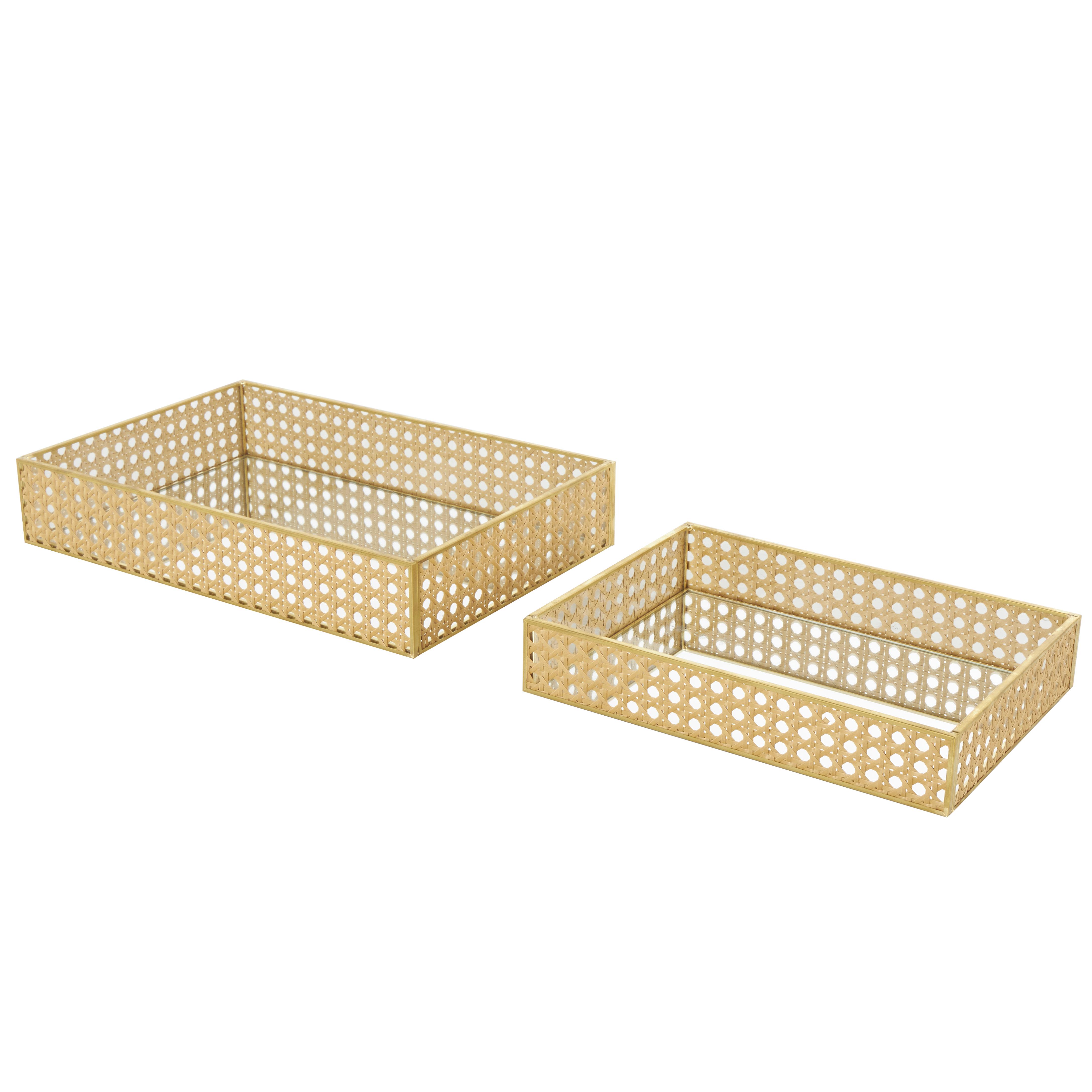 Brown Rattan  Woven Living Room Decor Tray with Mirrored Glass Interior, Set of 2 13", 10"W