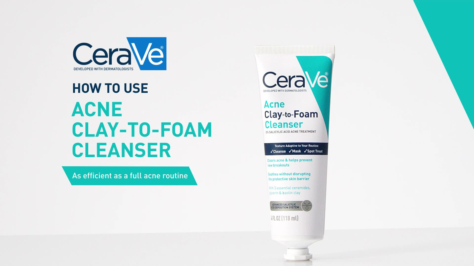 thumbnail video image 3 of CeraVe Clay to Foam Acne Facial Cleanser, Mask & Spot Treatment for Acne Prone Skin 4 oz, 3 of 10