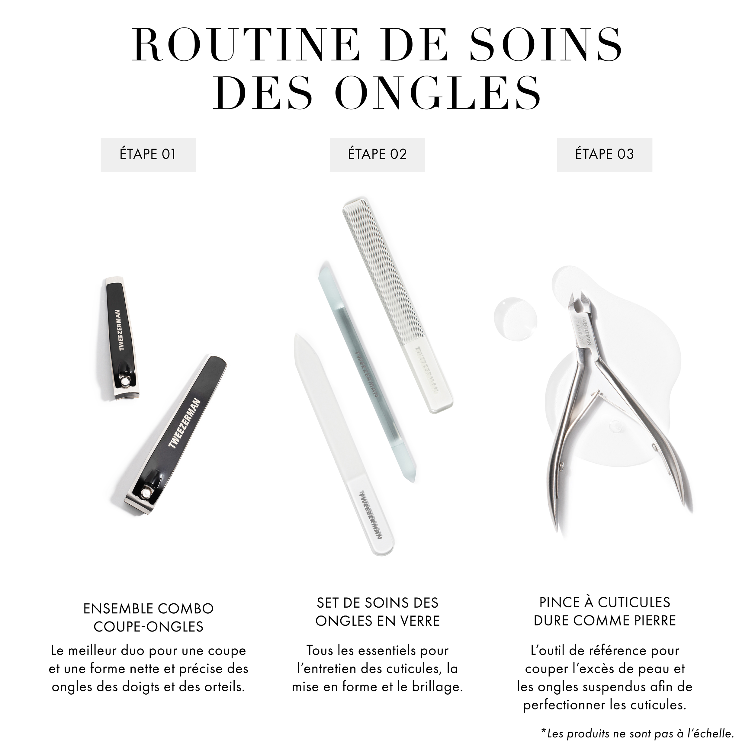 Nail Care Routine Step 1 Combo Clipper Set: The best duo for clean and precise fingernail and toenail clipping and shaping Step 2 Glass Nailcare Set: All the essentials for cuticle maintenance, nail shaping, and shining Step 3 Rockhard Cuticle Nipper: The go-to for trimming excess skin and hangnails to perfect cuticles