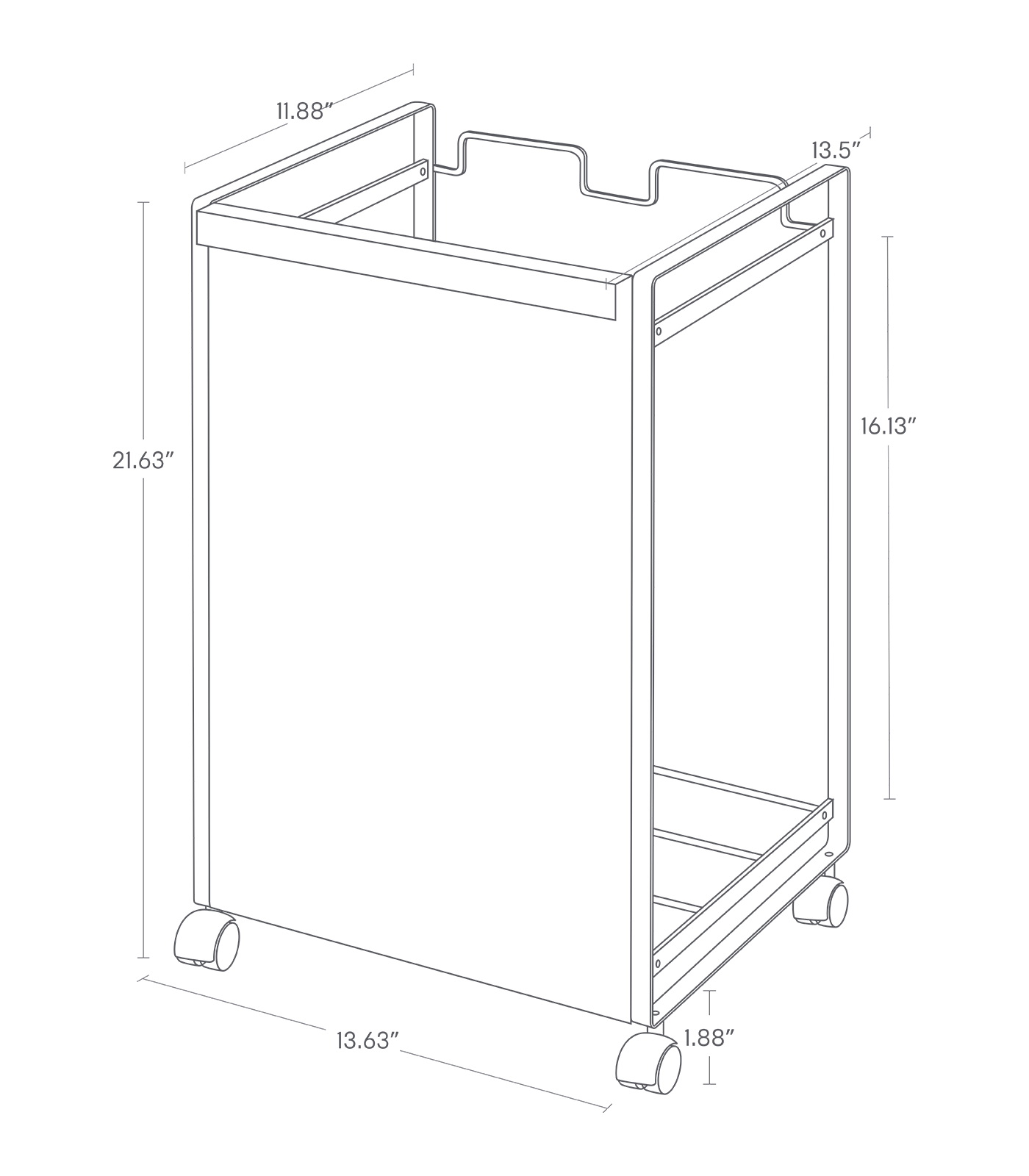 Dimension image for Rolling Trash Sorteron a white background showinglength of 13.63", width of 11.88 " 13.5" with a front handle, Total height of 21.63 " Wheel height of 1.88" Inner height of 16.13"