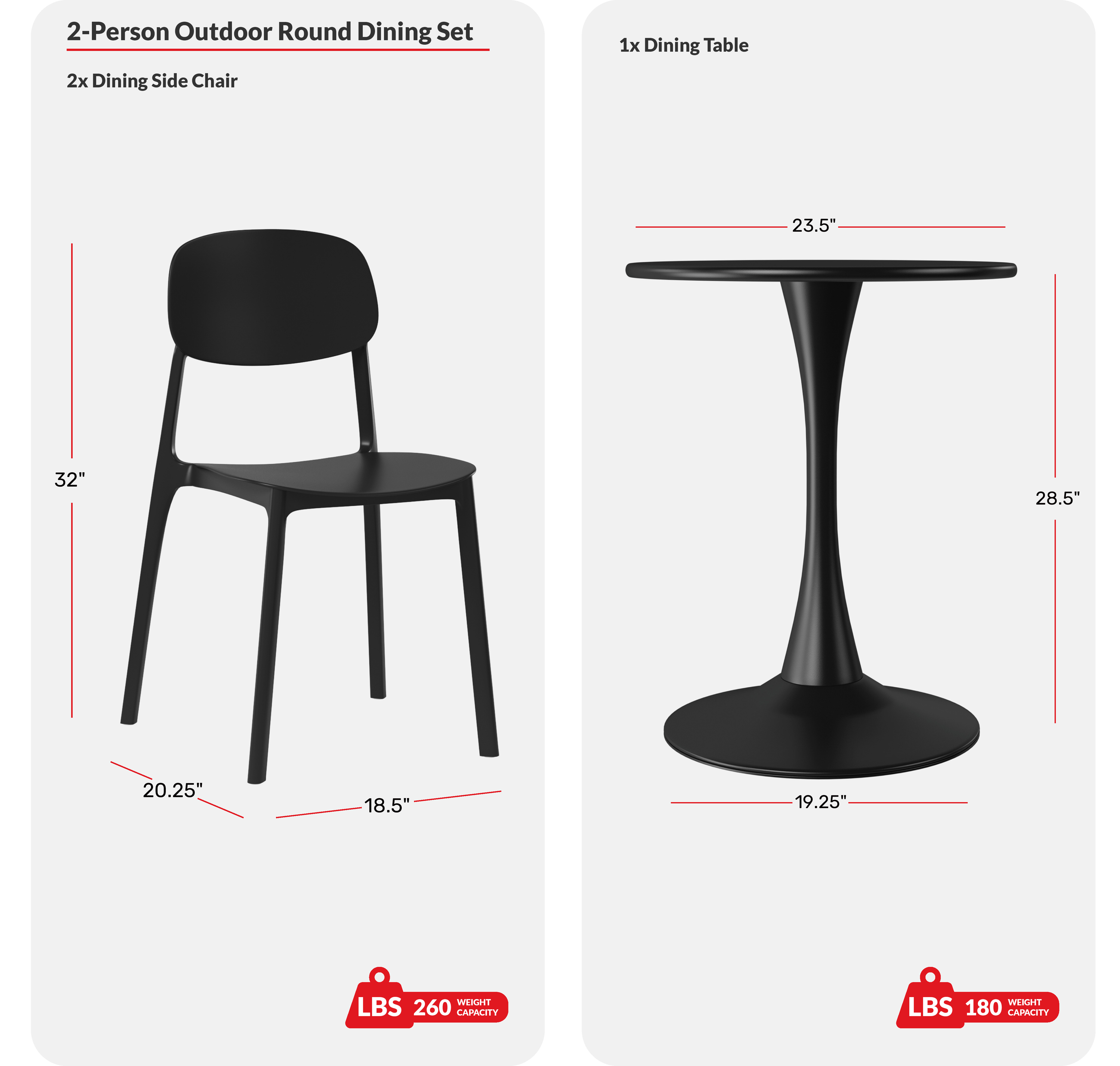 3-Piece Outdoor Round Metal Patio Dining Table Set With Stackable Resin Patio Side Chairs COS Spec Image