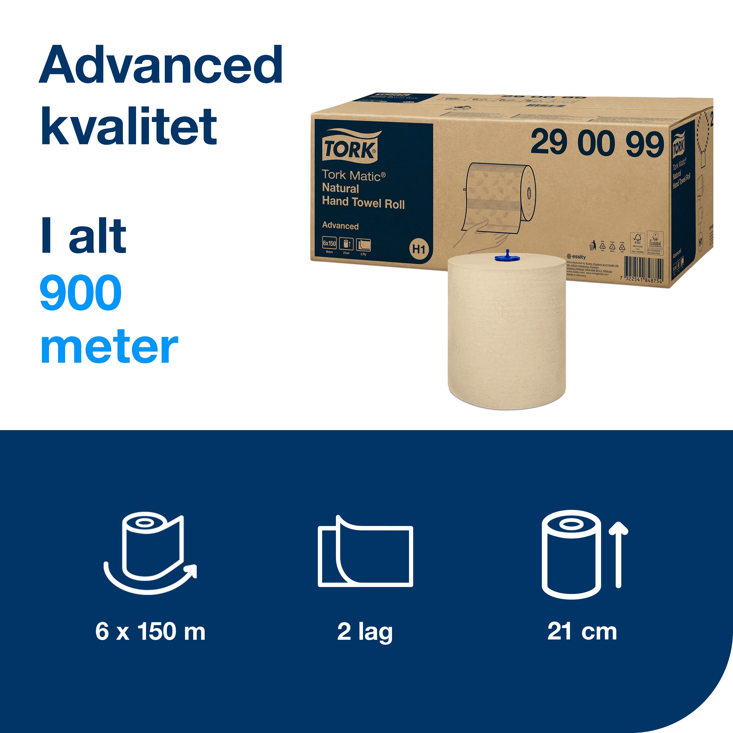 Håndklæderulle, Natur, Udvendig oprulning, 2 lag, 6 ruller, Tork Matic H1