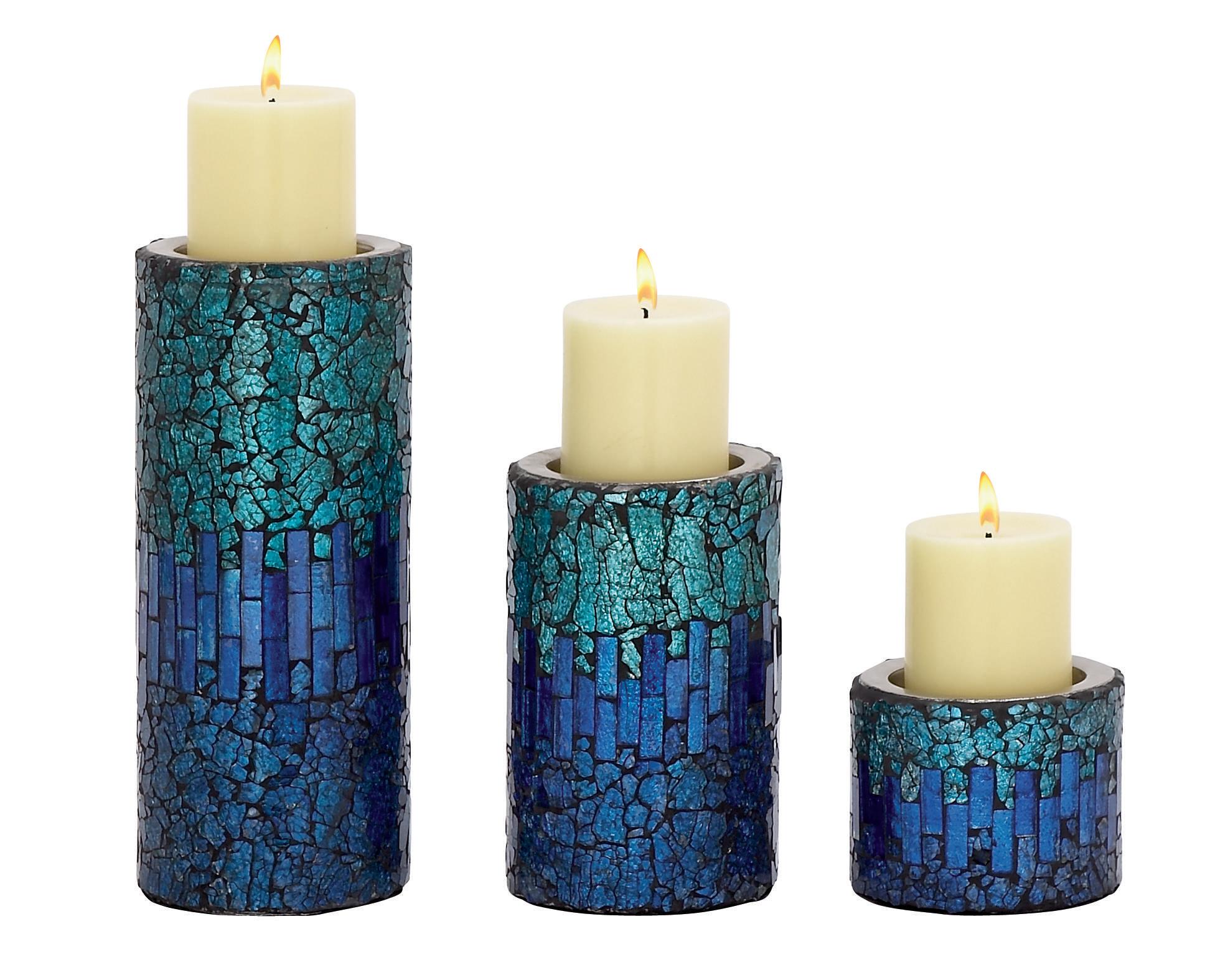 Teal Glass  Handmade Candle Holder, Set of 3 4", 7", 11"H