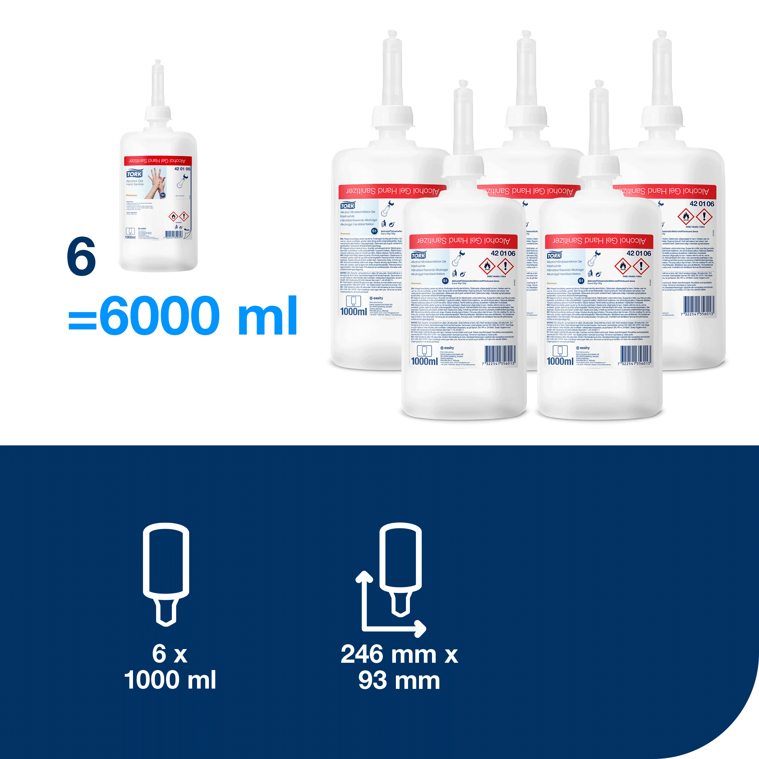 Hånddesinfektion, Gel, 6x1000 ml, Refill flaske, Tork S1