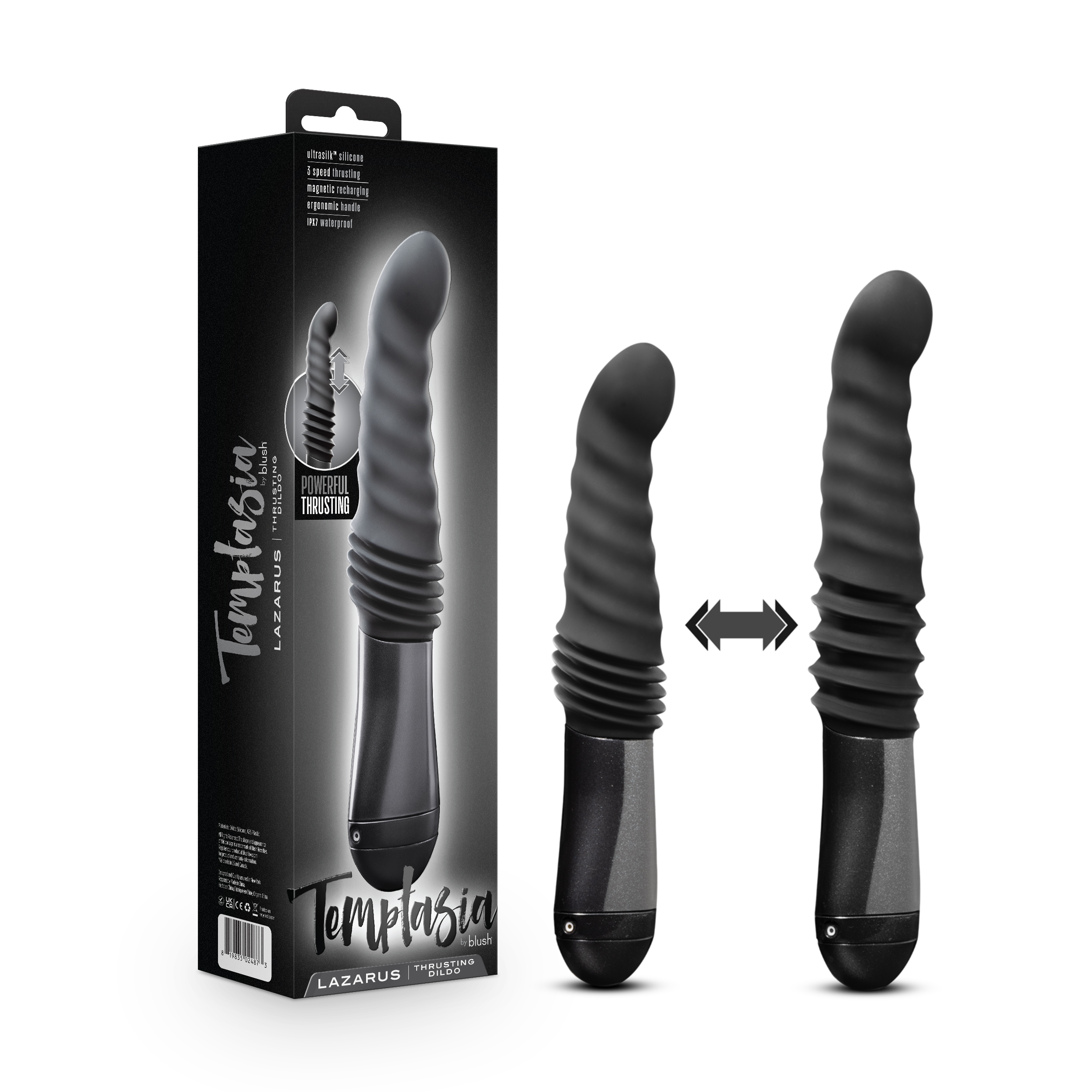 Blush Temptasia Lazarus Curved G-Spot Black 10-Inch Long Rechargeable Thrusting & Vibrating Dildo