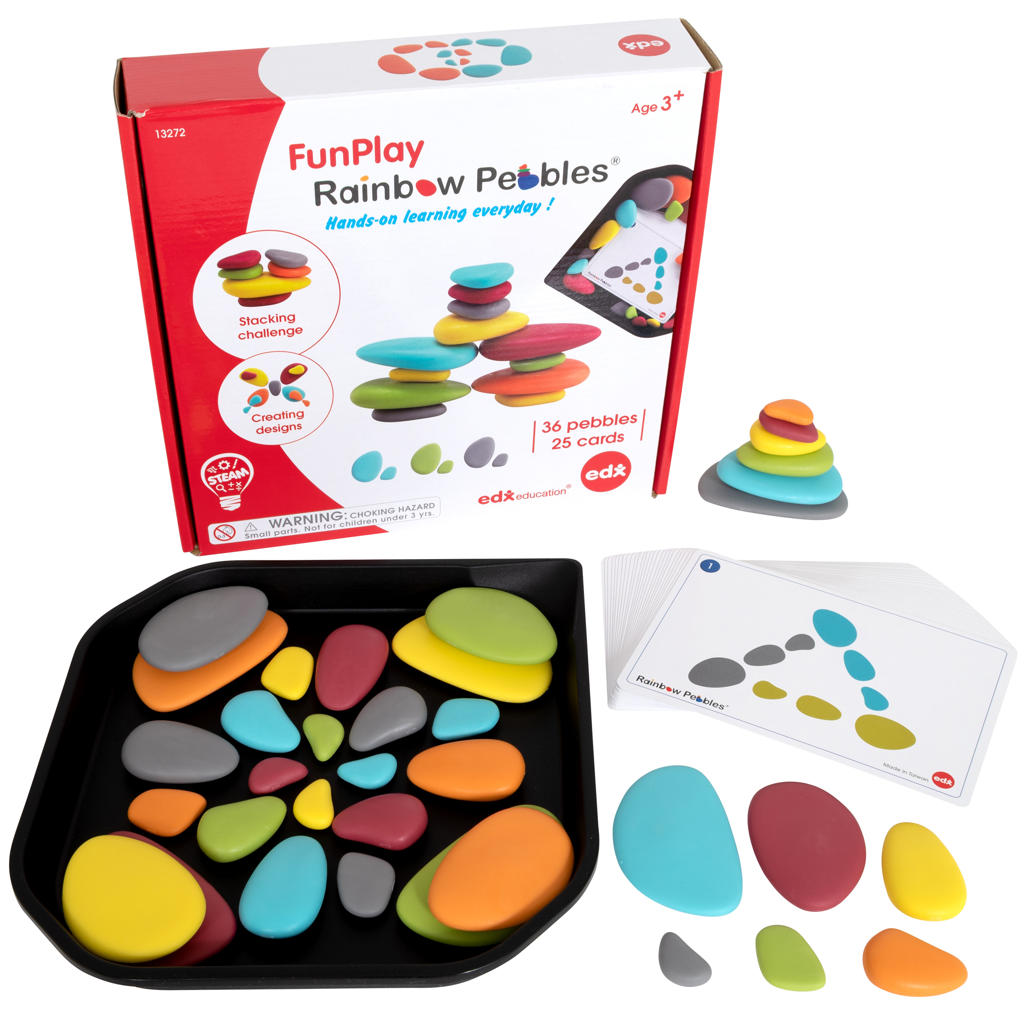 edxeducation Rainbow Pebbles - FunPlay Activity Set - Set of 36 + 50 Activities + Messy Tray