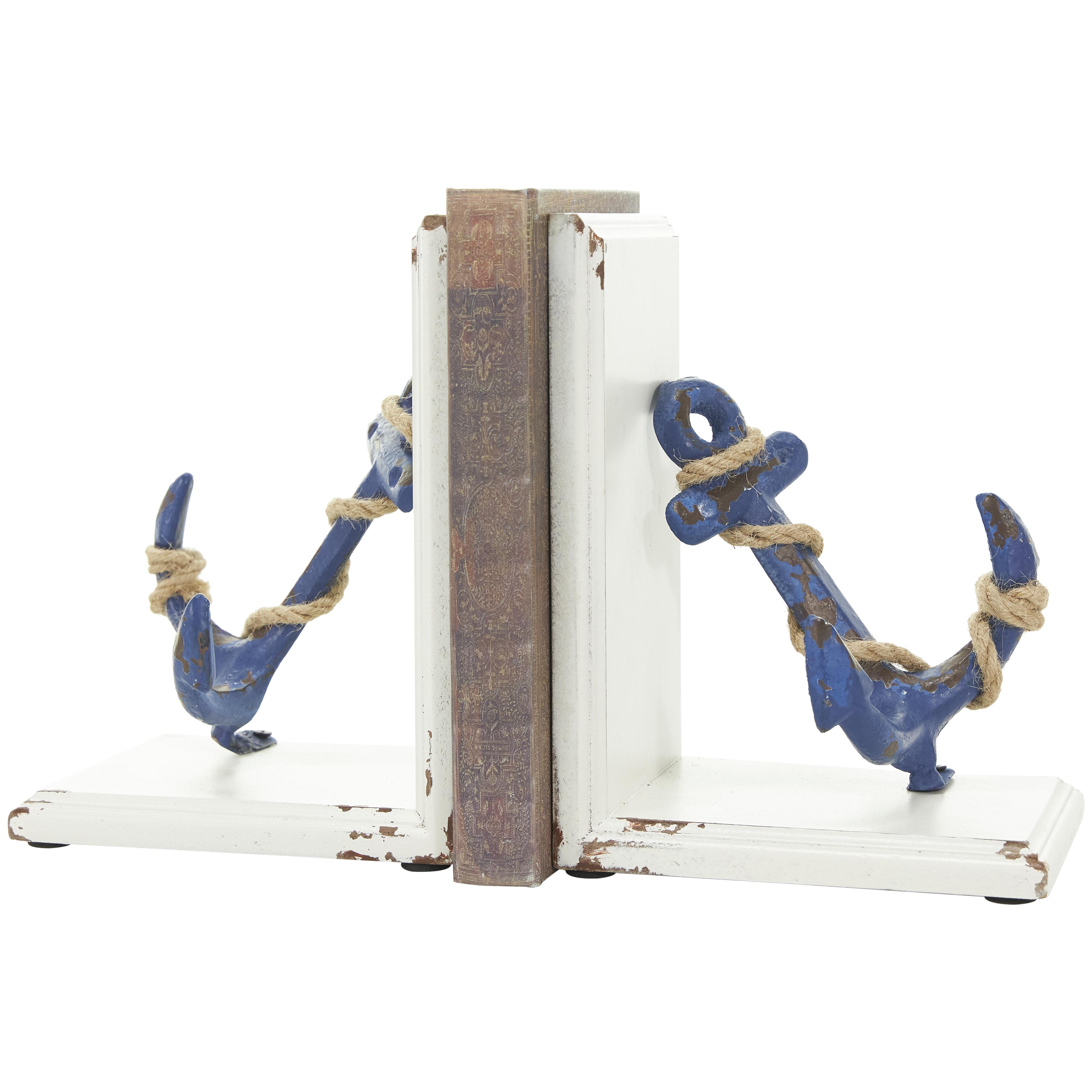 (QUANTITY 4 SEAT )Blue Wood Anchor Distressed Decorative Bookends with Rope Accents and White Wood Stands, Set of 2 6\"W, 8\"H