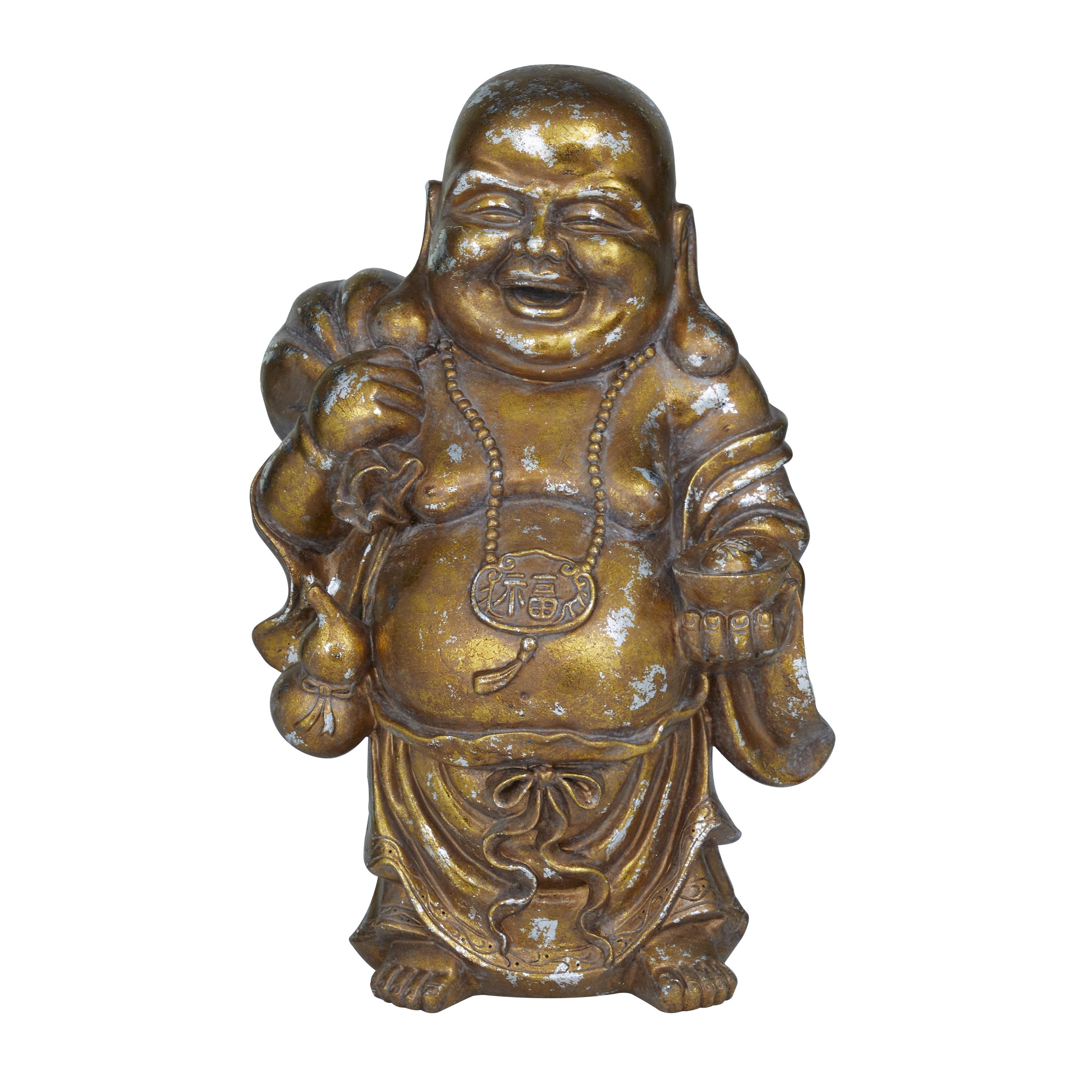 Bronze Polystone Buddha Meditating Sculpture with Engraved Carvings and Relief Detailing, 11" x 9" x 17"