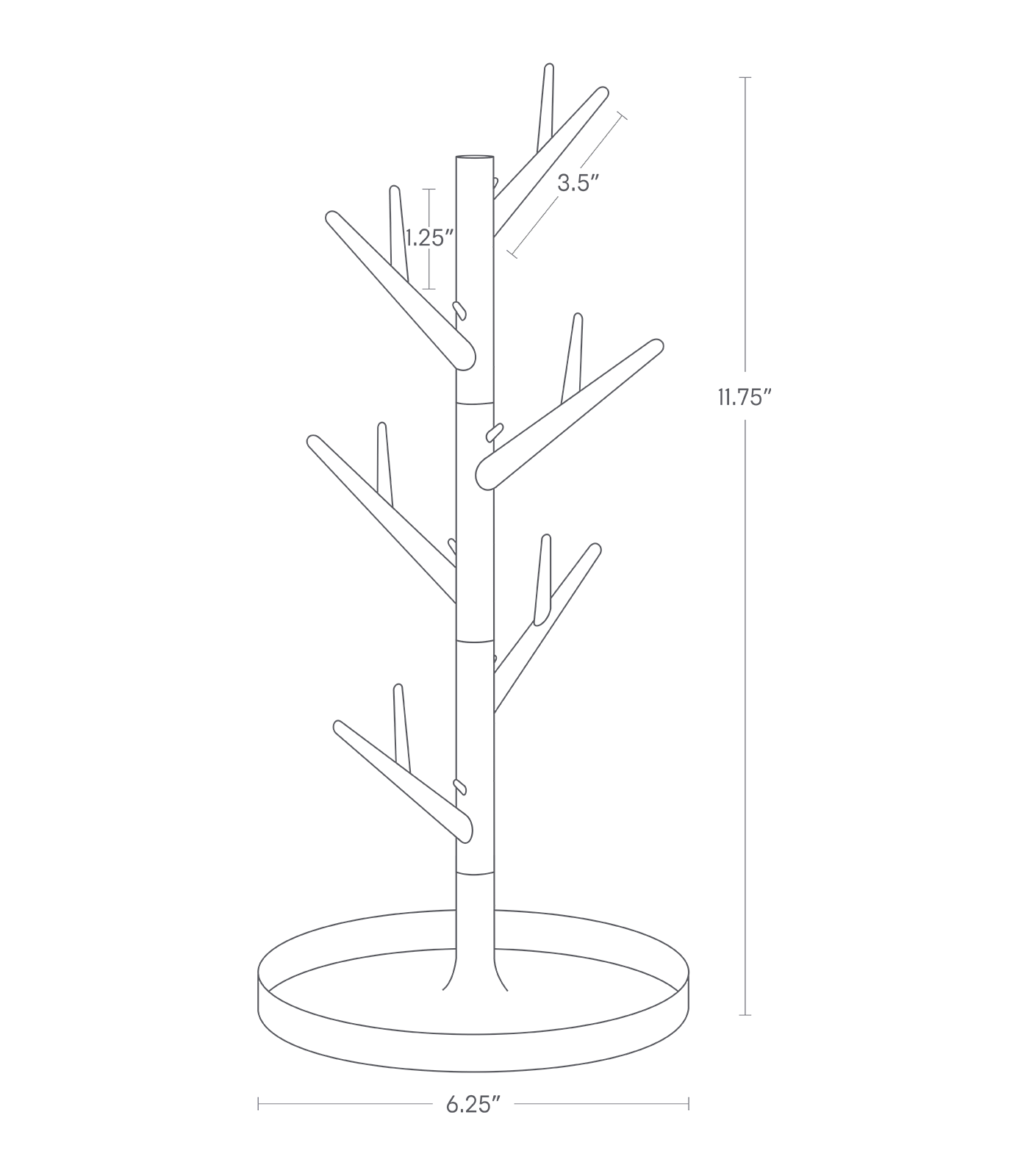 Dimension Image for Mug Tree on a white background showing height of 11.75", width of 6.25", diagonal branch length of 3.5", and vertical branch height of 1.25".