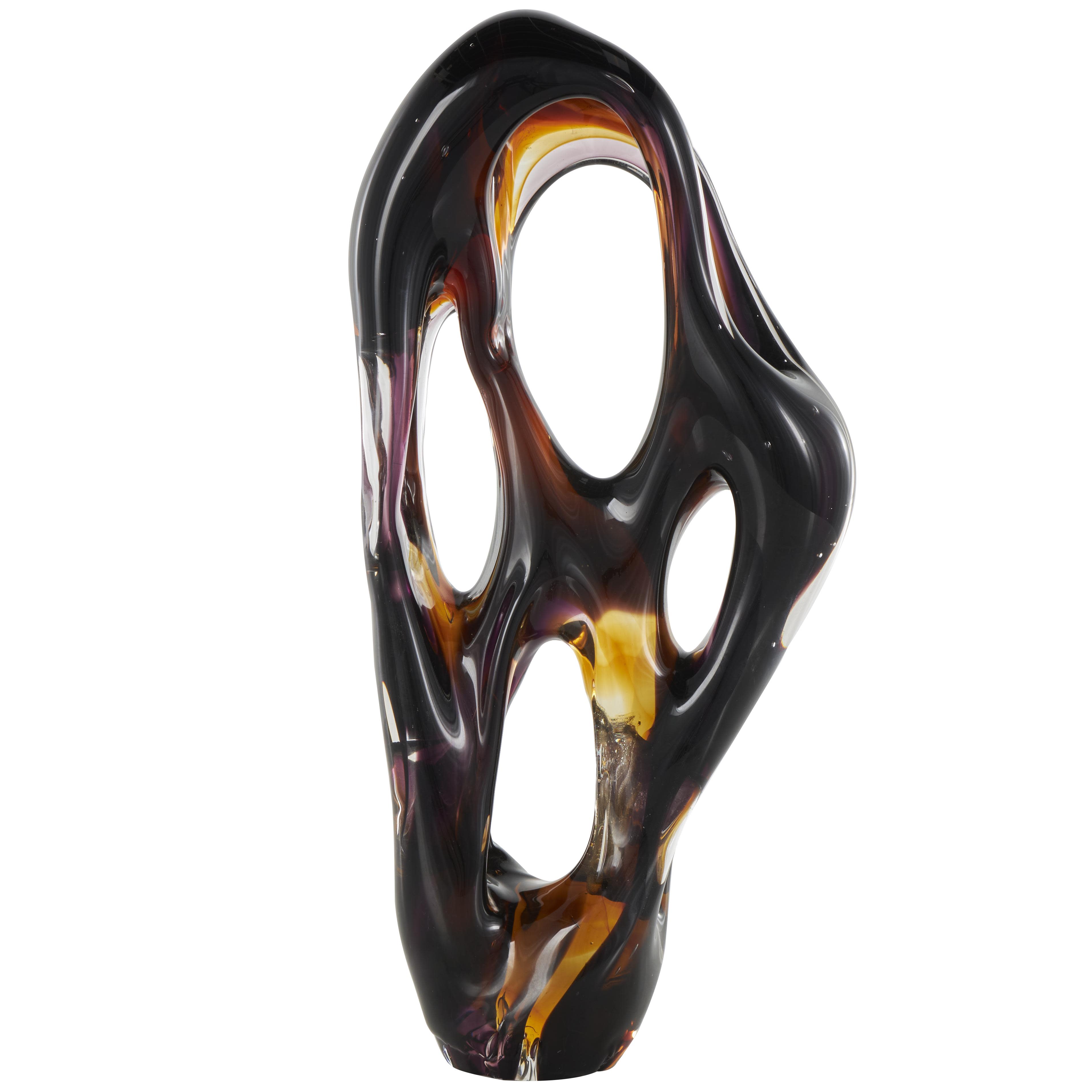 Black Glass Abstract Ombre Cutout Decorative Sculpture with Amber Accents, 8" x 4" x 17"
