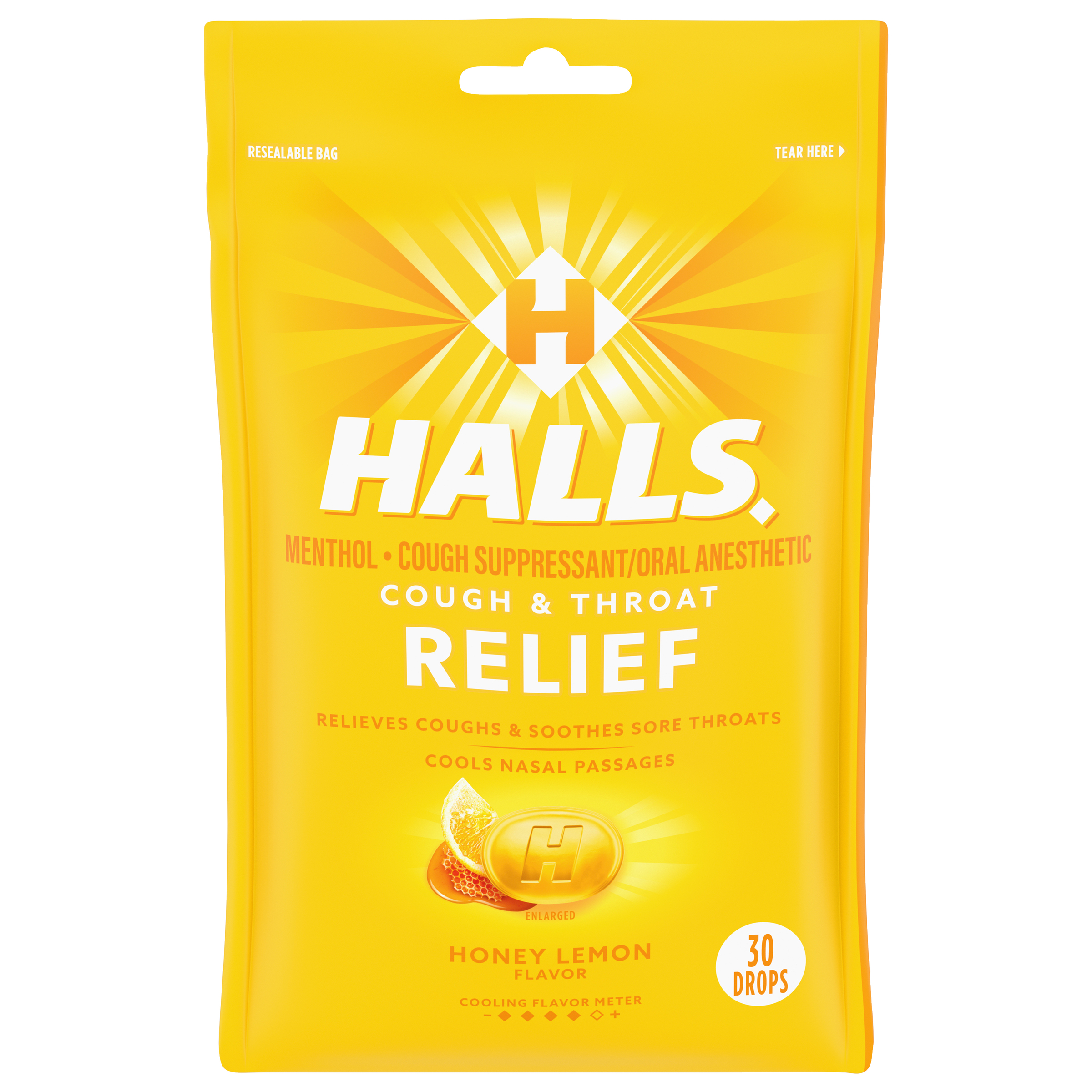 HALLS Honey Lemon Flavor Cough Drops Peg Bag 30PCS